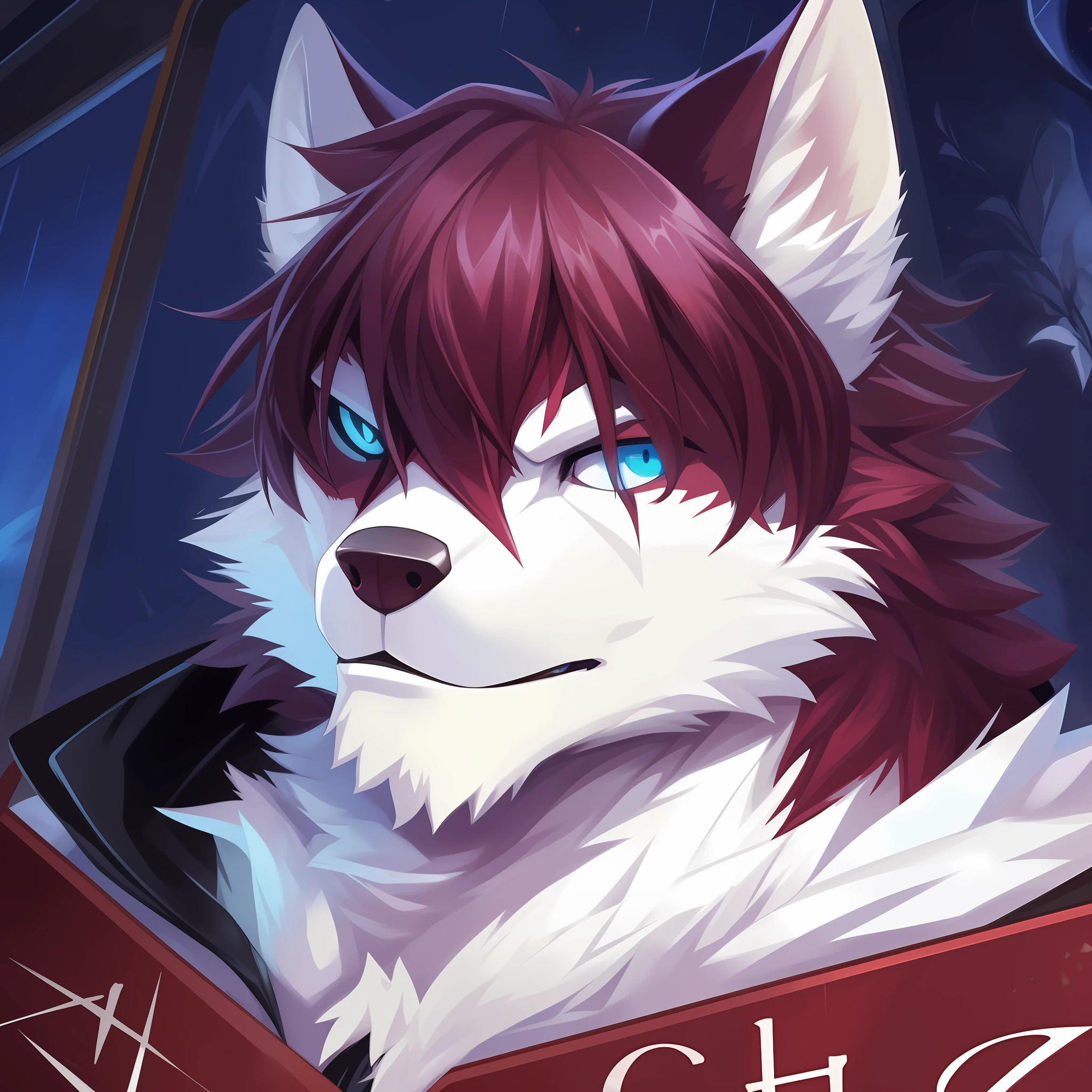 ((Night)),((Low lighting)),(((In the dark))),((2 Guy)), 独奏,looking at viewert, 夏天,big muscular man,((The upper part of the face is burgundy)),Middle Age,quality,full-color,extremy detailed,(Blue Storm jacket),Exquisite painting style,Cross your hands over your chest,(Burgundy hair),,(author:null-ghost),Glows only in the pectoral muscles,subway station,(((Black one-eyed plaque))),((White wolf)),front poses,A cold expression,((blue color eyes)),The nose is shorter