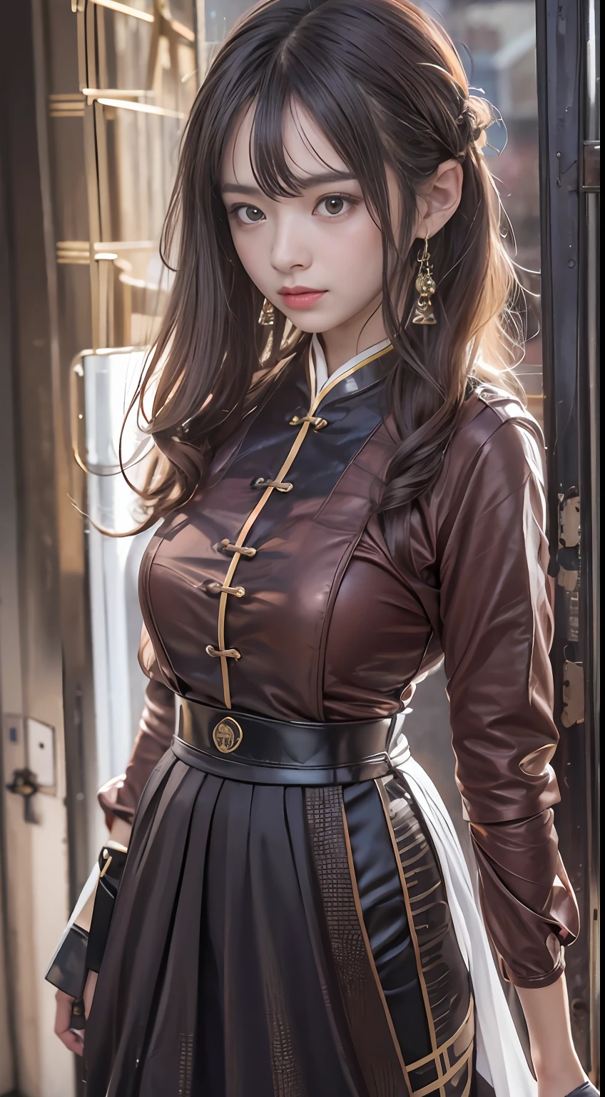 (tmasterpiece,k hd,hyper HD,16k)brunette color hair, girl,3D uniform skirt,Emphasize the lips,blusher,Soft lips,Glossy lips,,Soft hair like slippery silk,Sparkling,Almost reluctant to look away,She wears a suspender cheongsam!Imagine that,She just wore a suspender cheongsam to shop in the bustling Sanlitun,One can't help but want to take a closer look。Take a closer look, desi,Her belly pocket is quite stylish,The skirt flutters in the wind,It's like adding a touch of energy to the whole street,Sit on a crocodile skin train,Face-to-face perspective,(From the angle below),Sit in a train crocodile leather seat,sitting in front,Zoom camera,head portrait,Head down and sleepy-eyed,Look at the ground, best qualtiy, hyper HD, (realisticlying:1.4),, A high resolution, the detail, RAW photogr, Sharp Re, Nikon D850 Film Stock Photo by Jefferies Lee 4 Kodak Portra 400 Camera F1.6 shots, Rich colors, ultra-realistic vivid textures, Dramatic lighting, Unreal Engine Art Station Trend, cinestir 800,