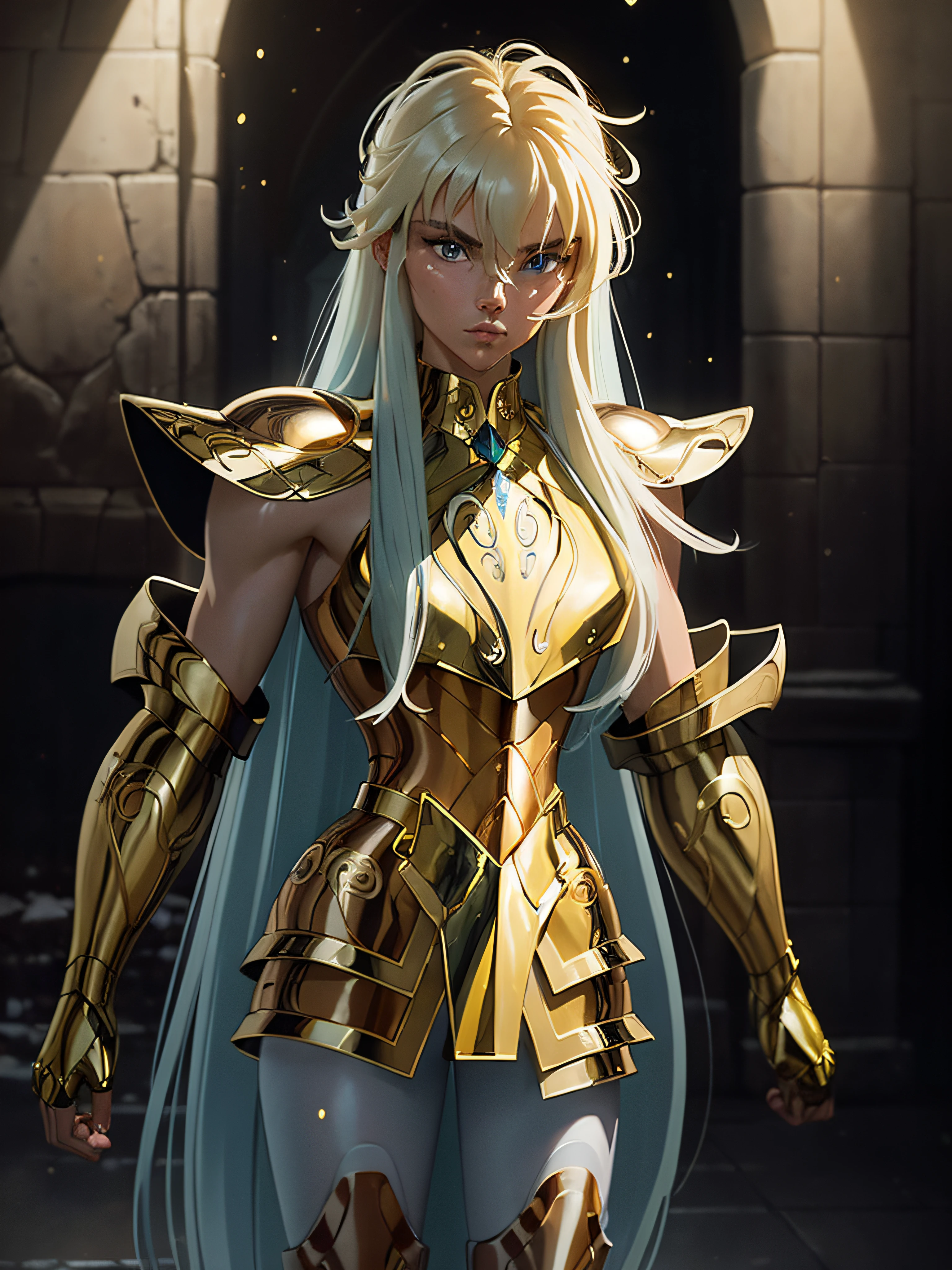 masterpiece, best quality,highly detailed RAW color Photo, sharp focus, 8k high definition, 1girl, long hair, turtle neck, close up photo, female wearing armor, light blue hair, helmet, leg armor, shoulder armor, long hair, yellow armor, reflection on armor, headset, yellow head band, sparking armor, white skin tight transparent vinyl, at night, from lower, AquariusArmor, standing strait, (gold armor:1.2) moonlight reflection, sacredness , landscape, bright (facial freckles:0.1), to8contrast style, posing in a dark studio, (rim lighting,:1.4) two tone lighting, octane, unreal, dimly lit, (low key:1.3),