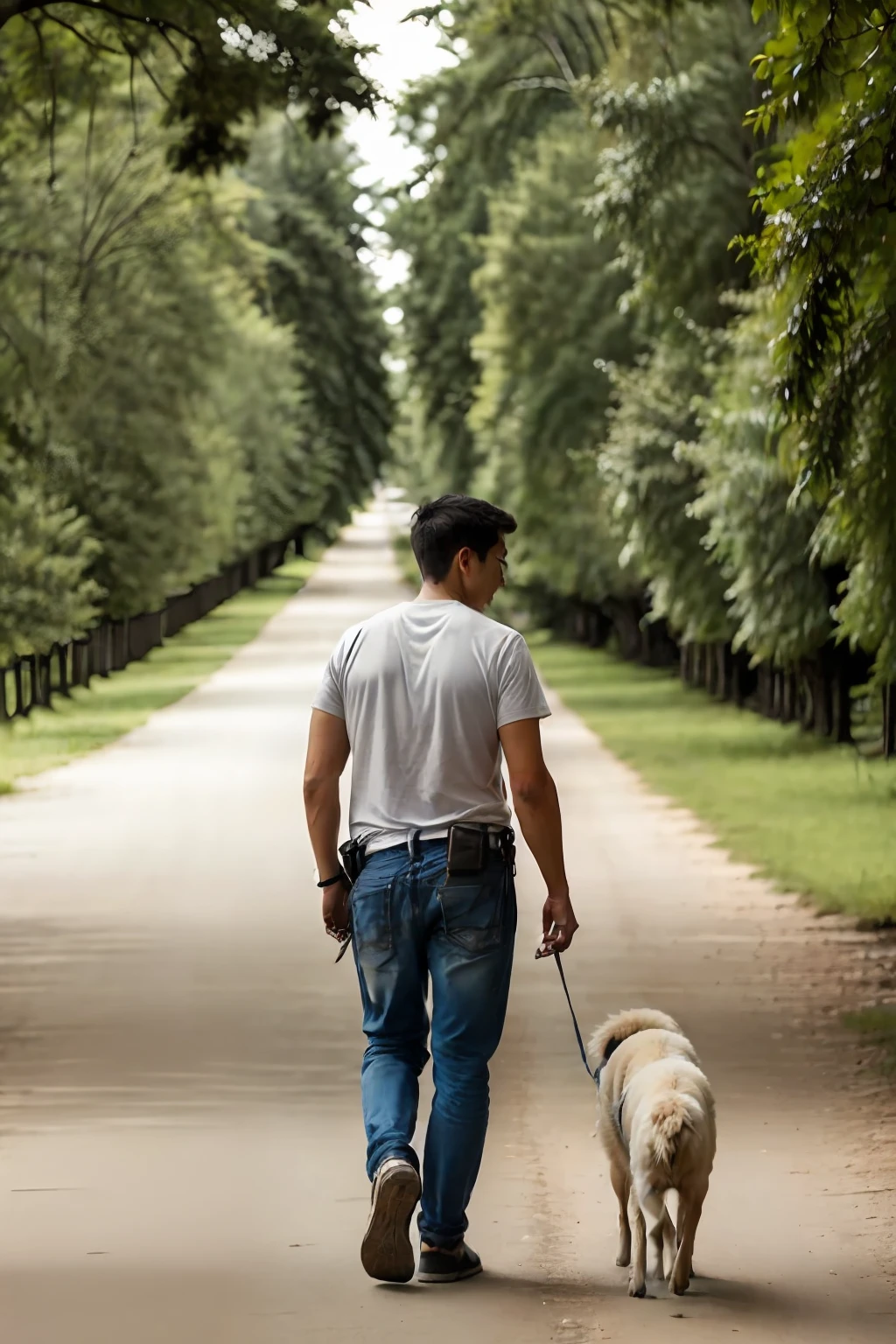 A man walking a dog on a leash on a tree-lined road