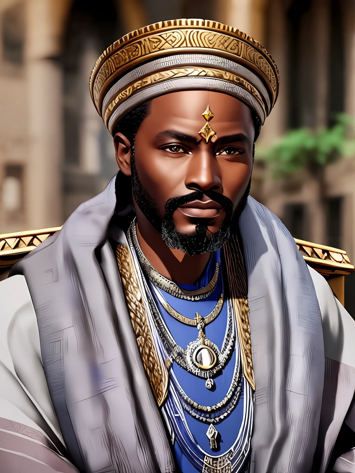 an ancient African king setting on throne in the city of africa, change background, ultra-realistic face, 8k render