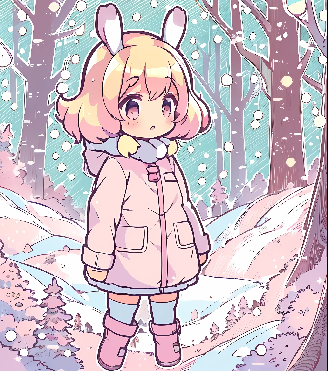 (best quality:1.3), (highres:1.1), 
(thick outline:1.2), A pastel pink girl, with a small, cute face and golden hair in the forest. Kawaii. In the style of Ken Sugimori, chibi, rabbit on a mountaintop in a snowstorm, bunny girl in a coat, rabbit ears, snowy background, winter