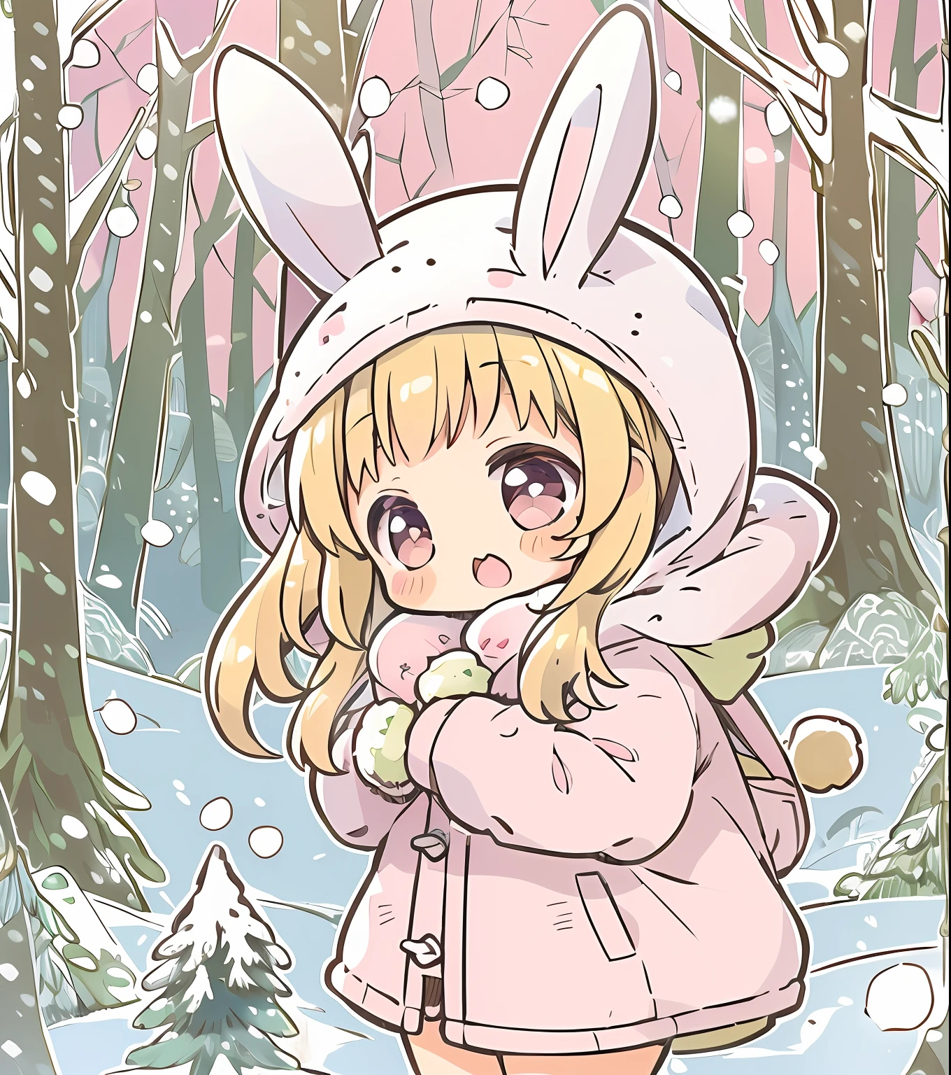 (best quality:1.3), (highres:1.1), 
(thick outline:1.2), A pastel pink girl, with a small, cute face and golden hair in the forest. Kawaii. In the style of Ken Sugimori, chibi, rabbit on a mountaintop in a snowstorm, bunny girl in a coat, rabbit ears, snowy background, winter