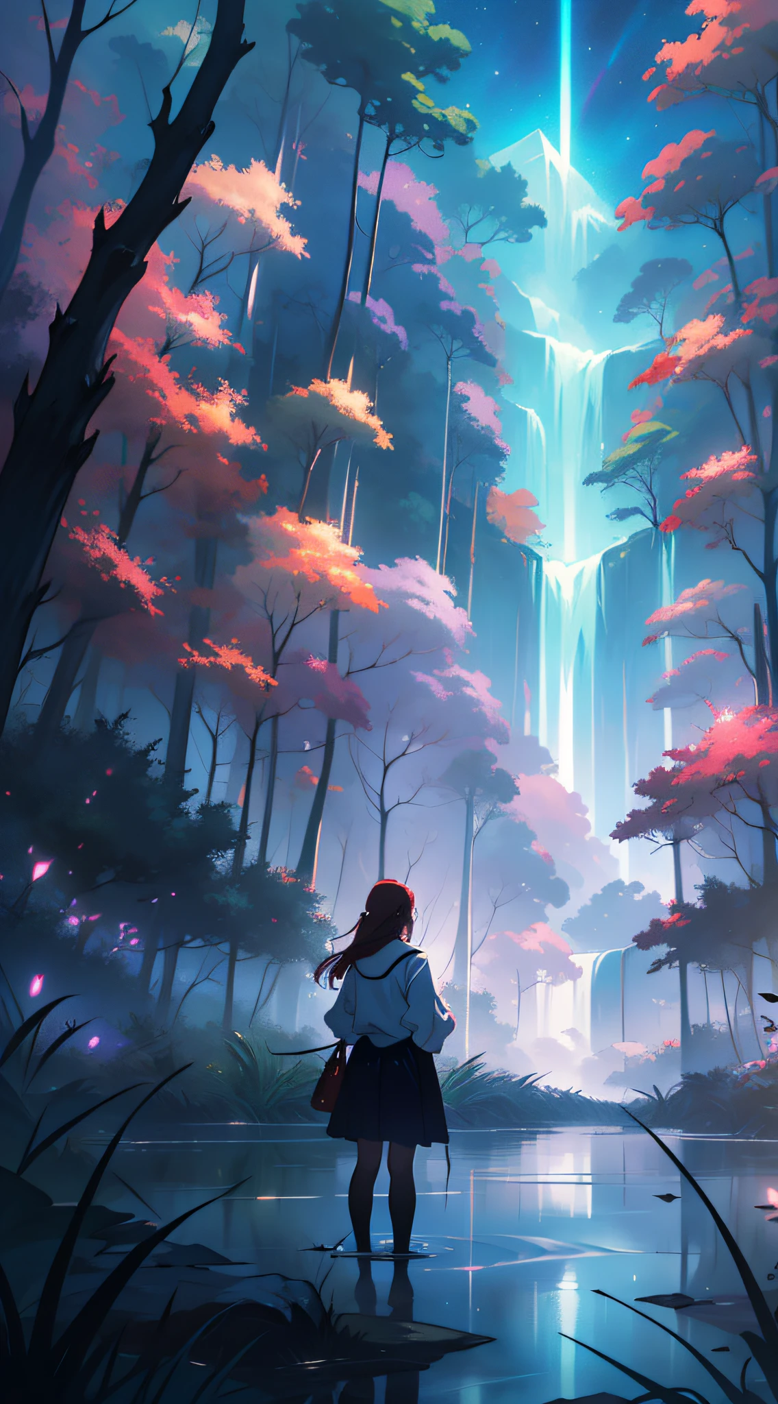 dream magical,large scene,teens girl,long whitr hair,A huge deer,glowing,lakes,jungles,Psychedelic,nigh sky,Bauhaus art,anime visual,SENSE OF CINEMA,a sense of atmosphere,misty background,occultism,outstanding,best qualtiy