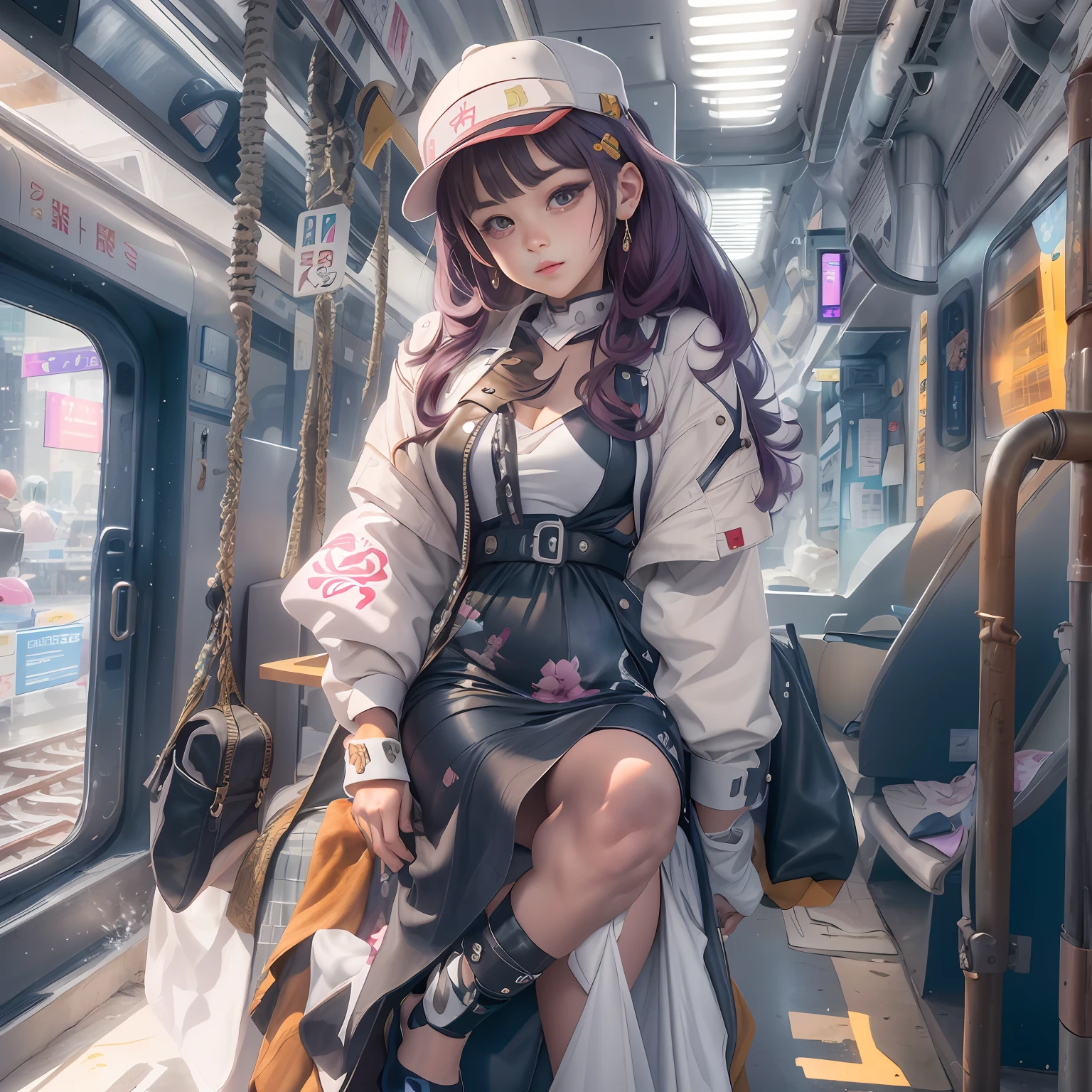 tmasterpiece， Best quality at best， Cartoony，3D，cyber punk perssonage，（tmasterpiece，k hd，hyper HD，4K）brunette color hair，14 years old Japanese girl，Uniform skirts，Emphasize the lips，Big white mouth，Soft lips，Glossy lips，The girl has fair and tender skin，Soft hair like slippery silk，Sparkling，Almost reluctant to look away。But you know，She wears a sun dress！Imagine that，She just wore a nightdress to go shopping in the bustling Sanlitun，One can't help but want to take a closer look。Take a closer look, desi，Her nightdress is quite fashionable，The skirt flutters in the wind，It's like adding a touch of energy to the whole street，Sit on a crocodile skin train，Face-to-face perspective，（From the angle below），Sit in a train crocodile leather seat，sitting in front，Lip zoom camera，head portrait，Head down and sleepy-eyed，looking at the viewer only"， best qualtiy， hyper HD， （realisticlying：1.4），， A high resolution， the detail， RAW photogr， Sharp Re， Nikon D850 Film Stock Photo by Jefferies Lee 4 Kodak Portra 400 Camera F1.6 shots, Rich colors, ultra-realistic vivid textures, Dramatic lighting, Unreal Engine Art Station Trend, cinestir 800，