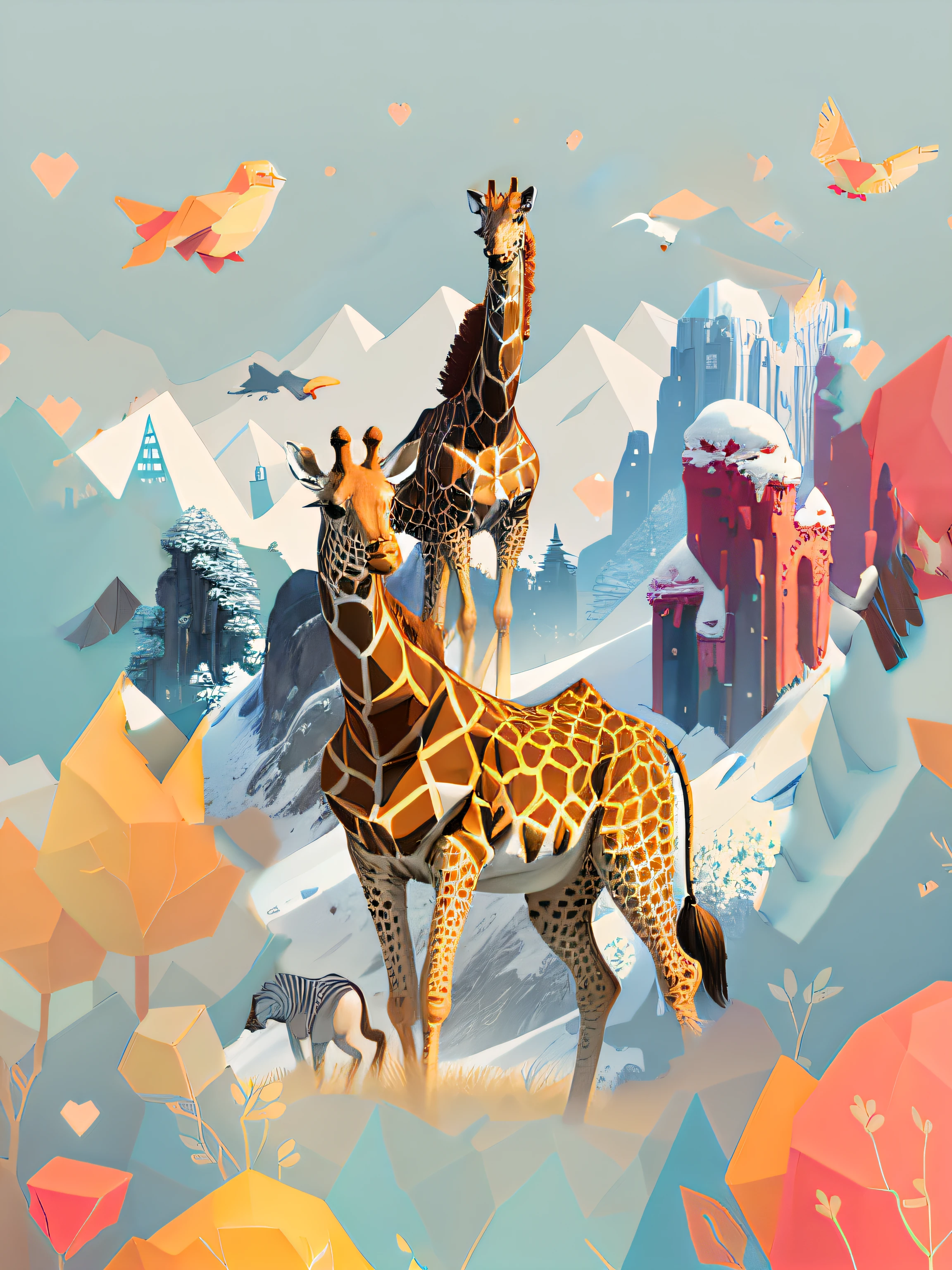 A giraffe in the middle,Colorful scenery, low-poly digital art, low poly graphics, super detailed color lowpoly art, low - poly, low poly, Low poly style, low poly art, low polygons illustration, low poly, atey ghailan 8 k, 2 d low polygon art, high quality lowpoly art