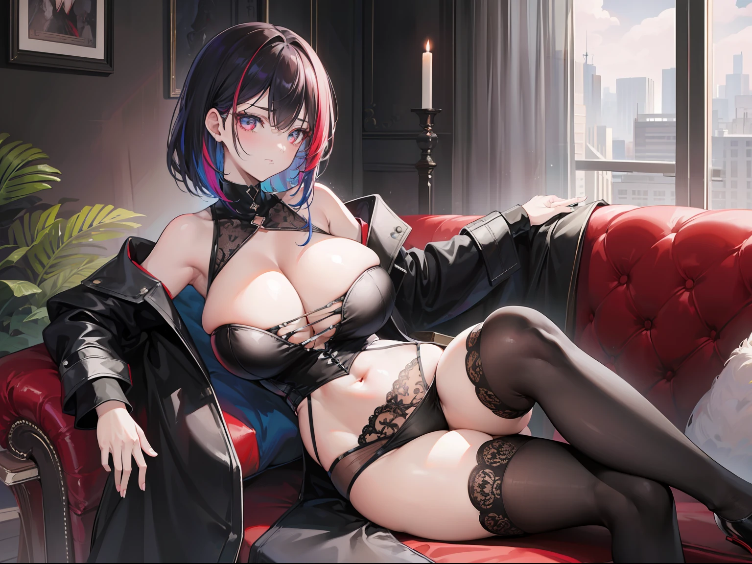 1girll(tmasterpiece,top-quality,best qualityer,offcial art,Beauty and aesthetics:1.2),seen from the side,looking at viewert,(rainbow colour hair,The color hair,Half-black, Half-red hair:1.2),ultra gigantic tits,big breasts exposed cleavage,Royal Sister,torn laundry,Raised sexy,seductiv,Flushed complexion,black lace cleavage underwear,black lence stockings,Crop topping,cropped shoulders,Black long-sleeved coat,leaning-forward