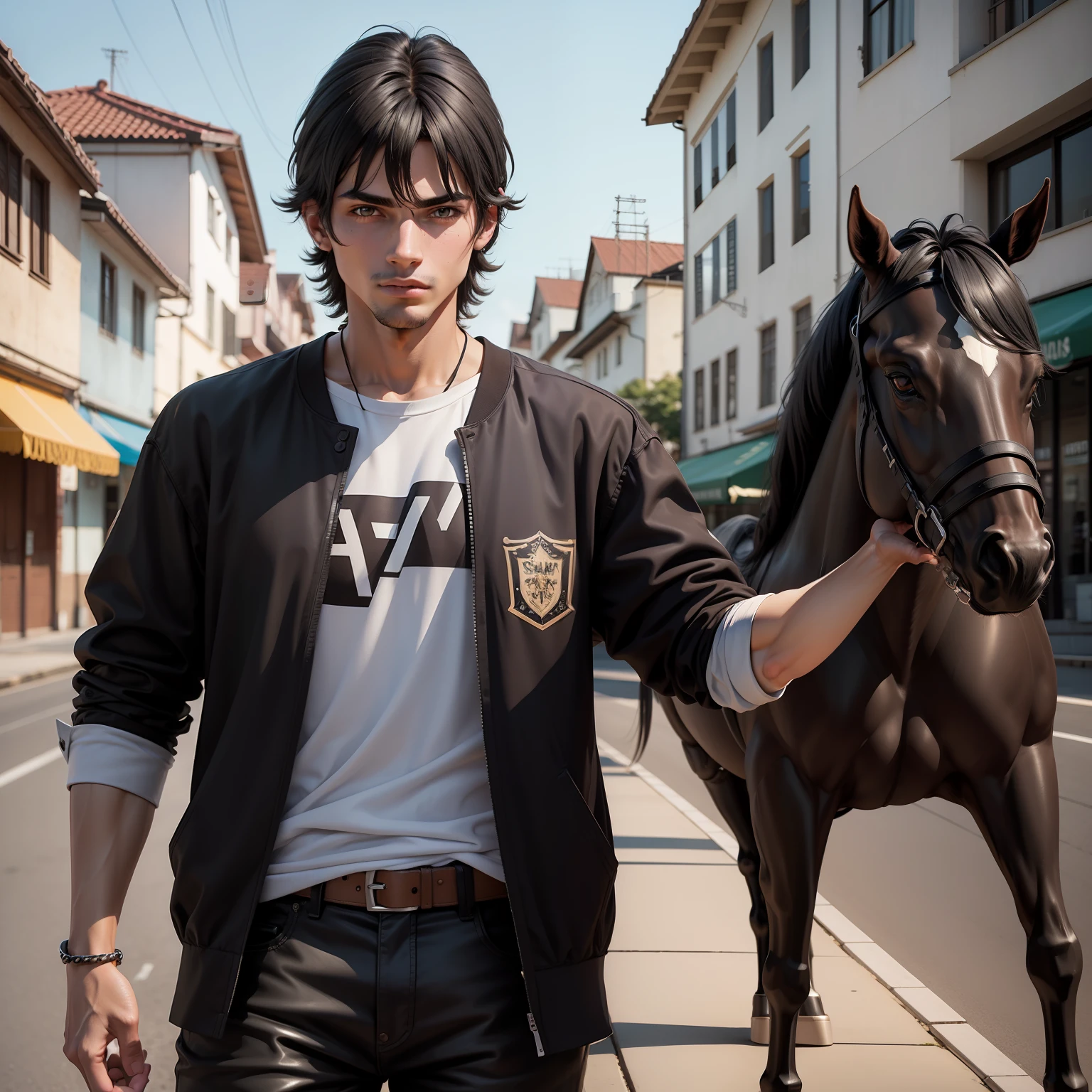 Um jovem, homem semi-realista, 3d, estilo skatista, straight black hair back, rabo de cavalo, baixa estatura, com skaite,
