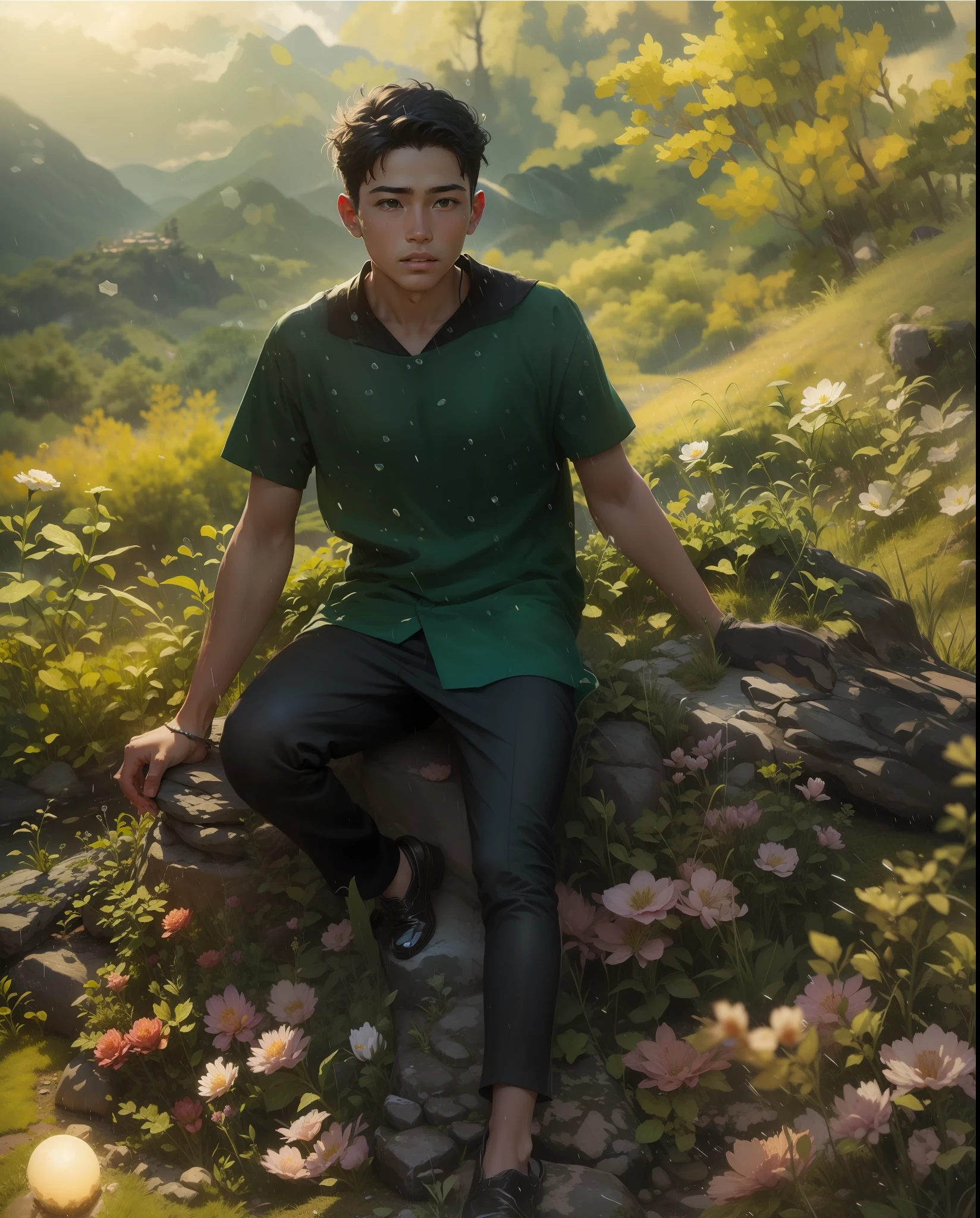 I am a boy sitting on a stone in the mountain and it is raining, there are flowers around me, there are clouds, there is a green mountain and the sun is visible, the sun is also covered with clouds, the mountain is green ultra high quality picture generate