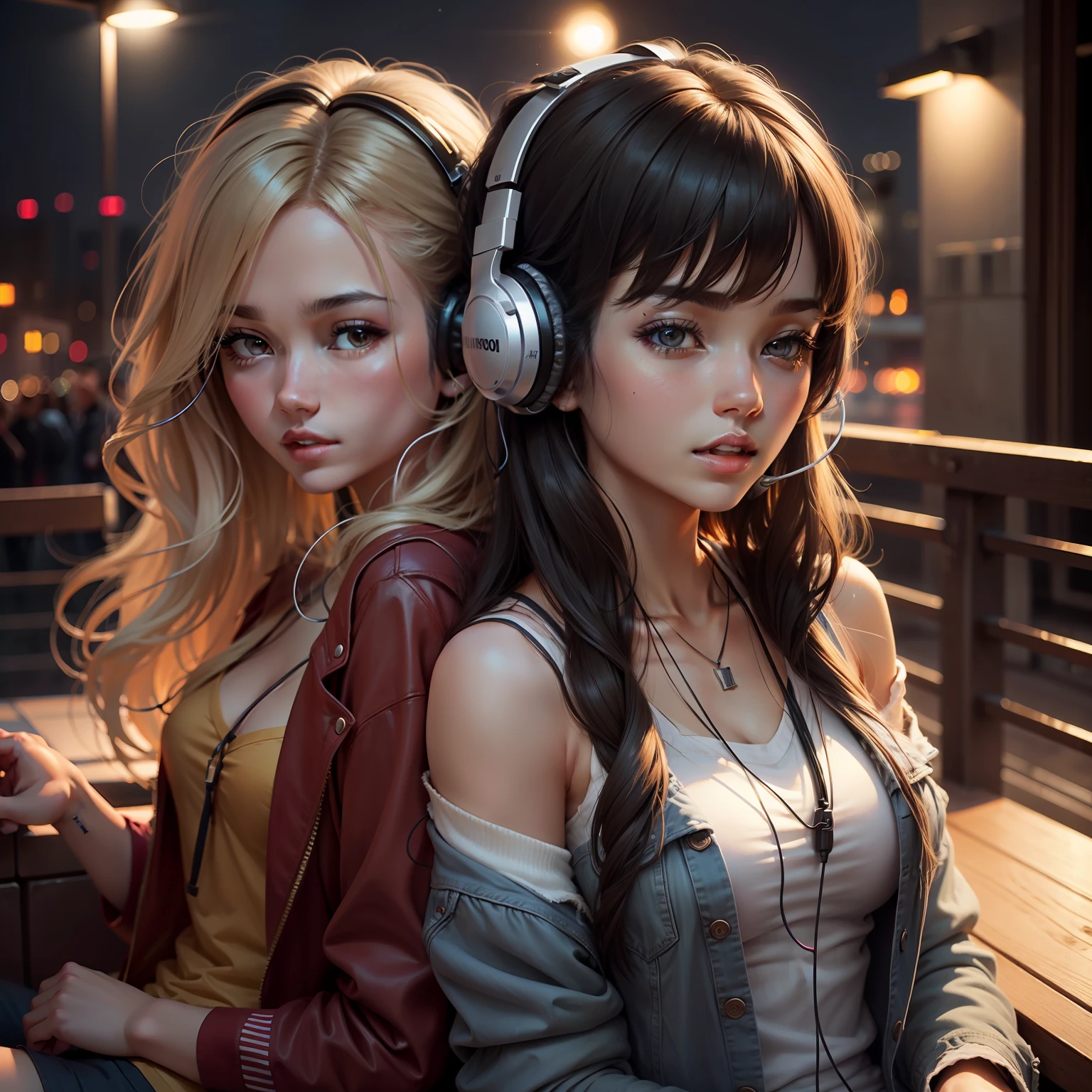 In Night girlfriend and  boyfriend  listening song with one headphones
