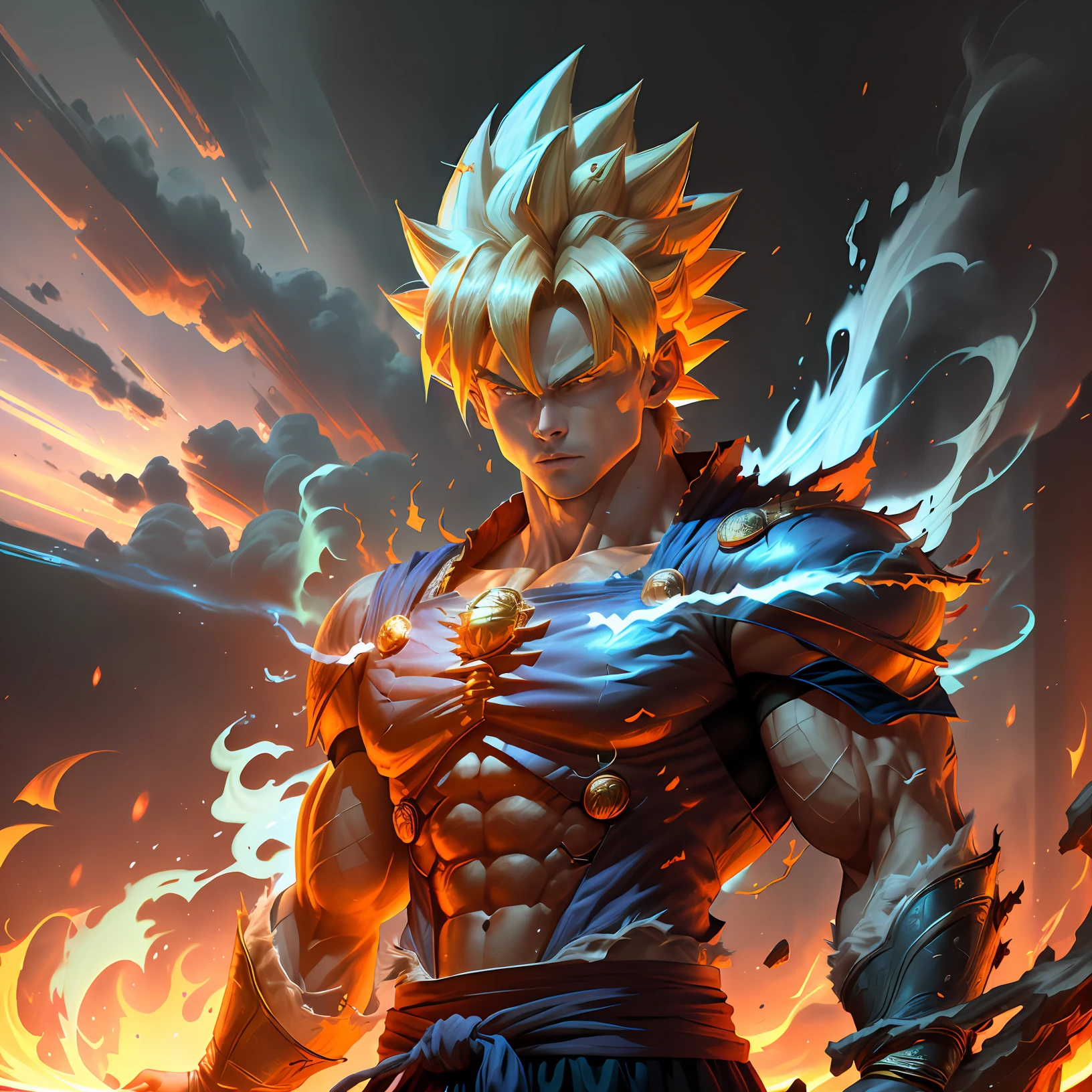 a close up of a man standing in a fire, super saiyan blue, realistic human goku, very muscular badass anime 8 k, portrait shot, super saiyan, epic 8 k hd anime shot, character dragonball, ultra instinct, broly, highly detailed portrait of goku, goku in real life, goku from dragon ball, super saiyan goku