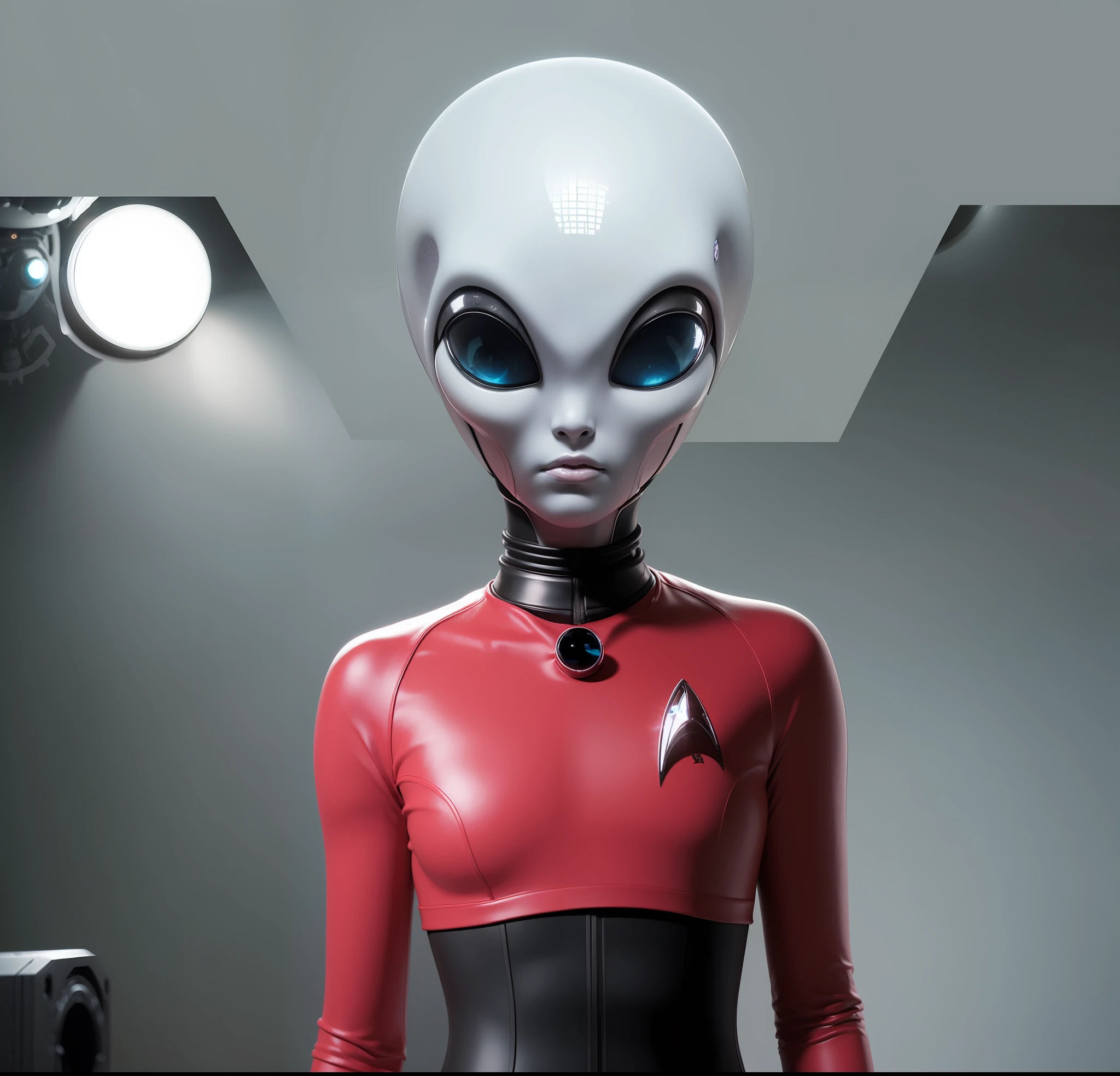 (an alien female  character:1.2) with white skin, tottaly black and big eyes, and an otherworldly aura, the background is the cockpit of a spacecraft