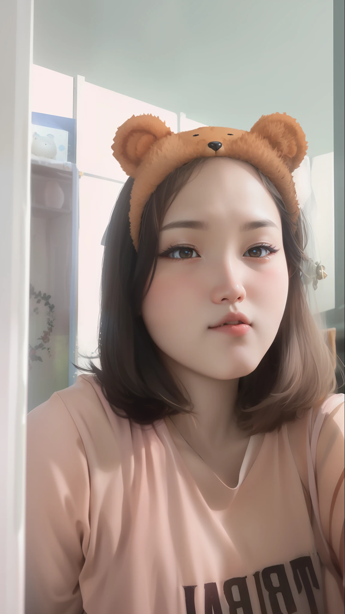 there is a woman with a bear hat on her head, ruan cute vtuber, with round face, with round cheeks, with small nose, dang my linh, round cute face, south east asian with round face, round nose, young cute face, 19-year-old girl, clear cute face, anime thai girl