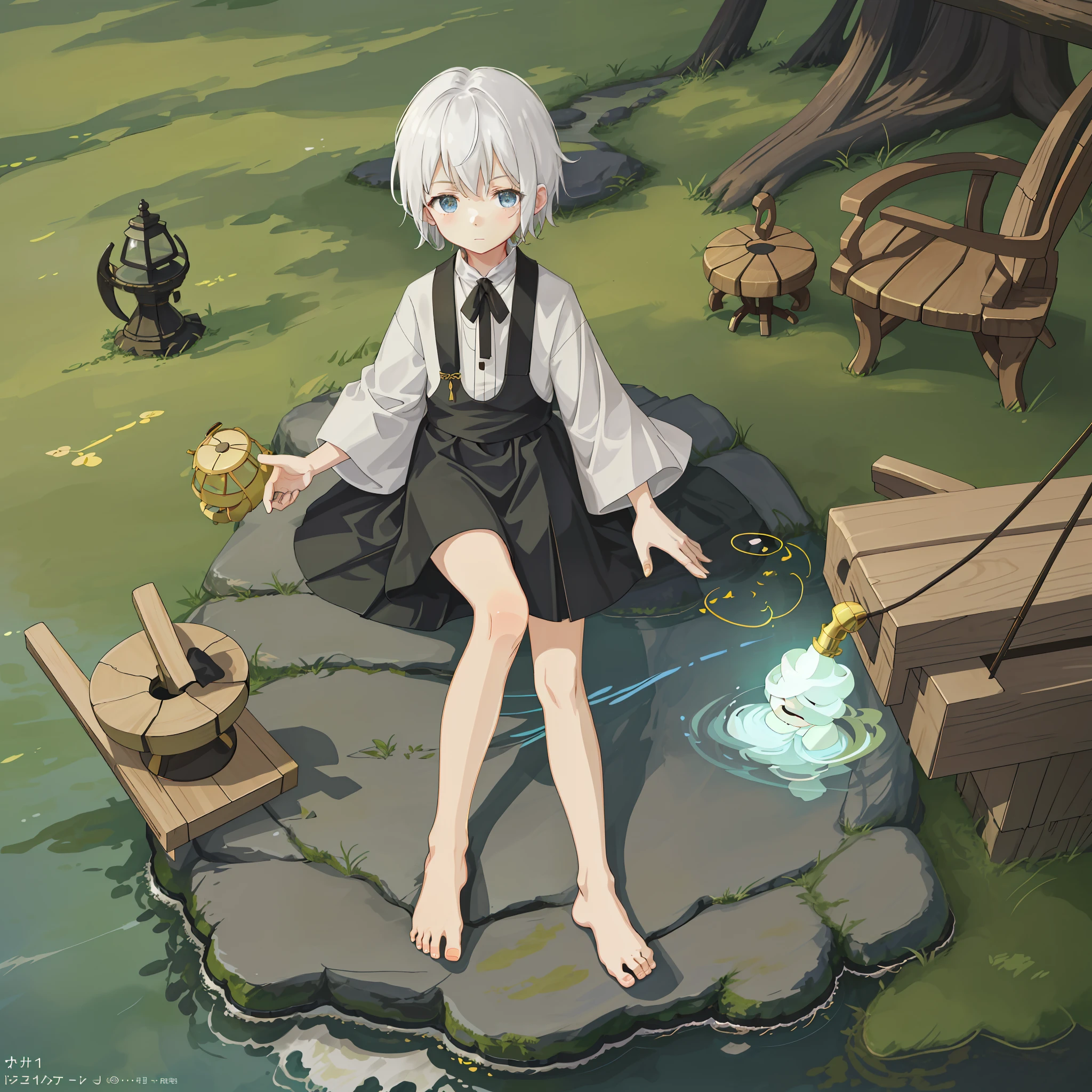 （4K），White-haired and barefoot little Shota，is wearing casock，Take the staff，Eyes resolute，Cinema lenses，2D，（Streaming fireflies：1.1)