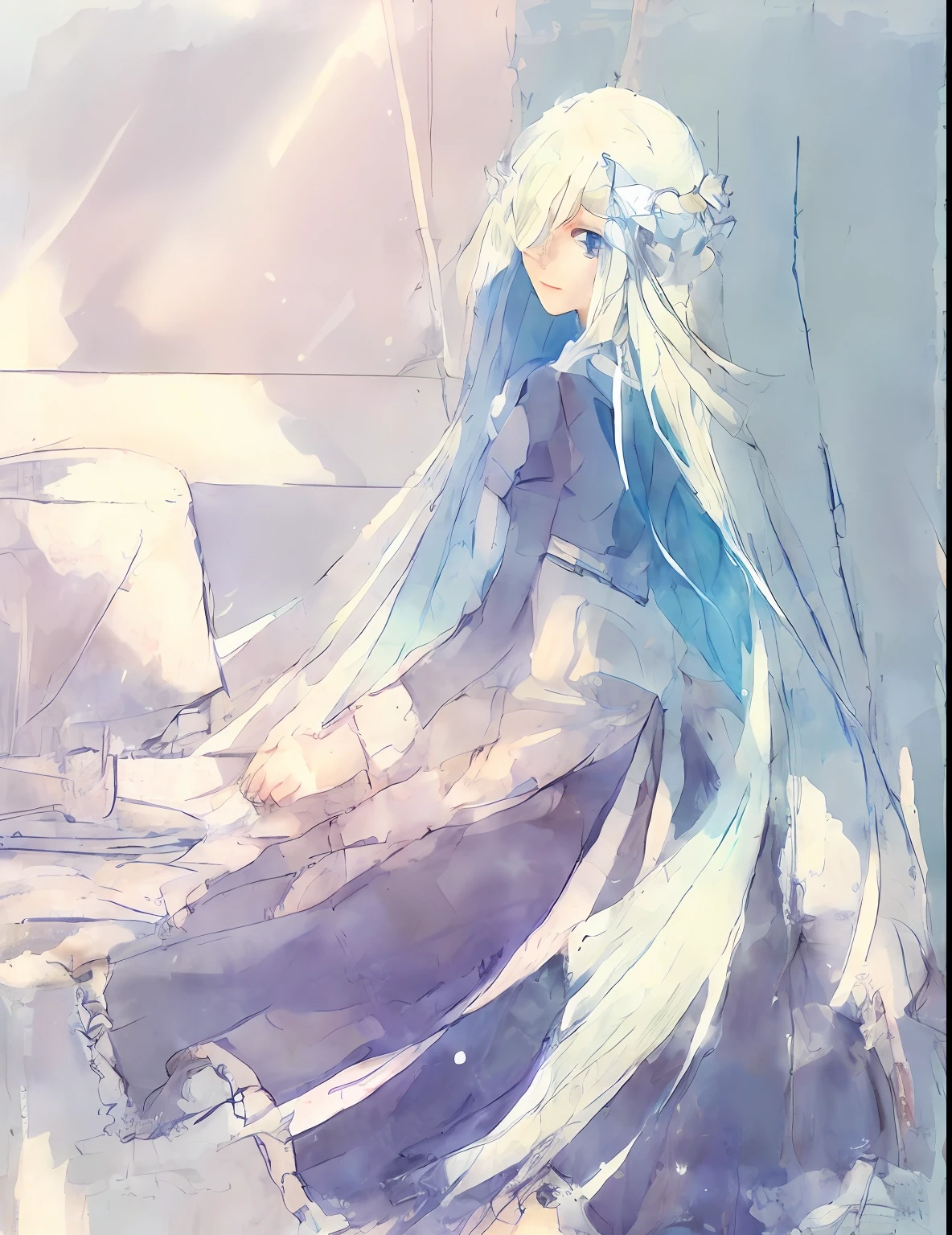anime girl with long blue hair sitting on a piano, white haired deity, pixiv, blonde anime girl with long hair, pixiv style, zerochan art, from touhou, digital art on pixiv, loli in dress, anime girl with long hair, princess 'kida' kidagakash, rimuru, rimuru tempest