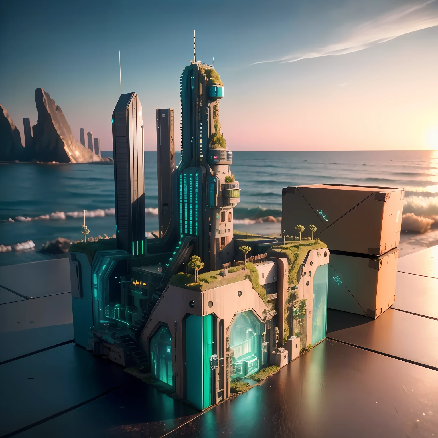 Mini seabed\(grassy\), (8K, RAW photo, Best quality, Master:1.4),Steampunk Cyberpunk City,(Cyberpunk light:1.3),extreme light,horizon (Related to the land),(In a miniature box:1.3),isometry,Minitary,Basic landscape,Backstreet view,