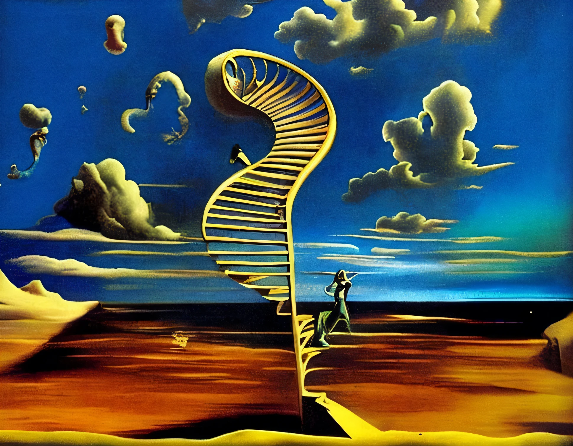 Painting of a man standing on an empty staircase, by Dali, surrealism!!!!, style of surrealism, Surreal design, surrealism art, ( ( ( surrealism ) ) ), Dali style, surrealist art, Dalí's style, style of salvador dali, surrealism!, surrealist style, In Dalí, masterpiece surrealism, salvador dali style, surrealism, surrealism painting