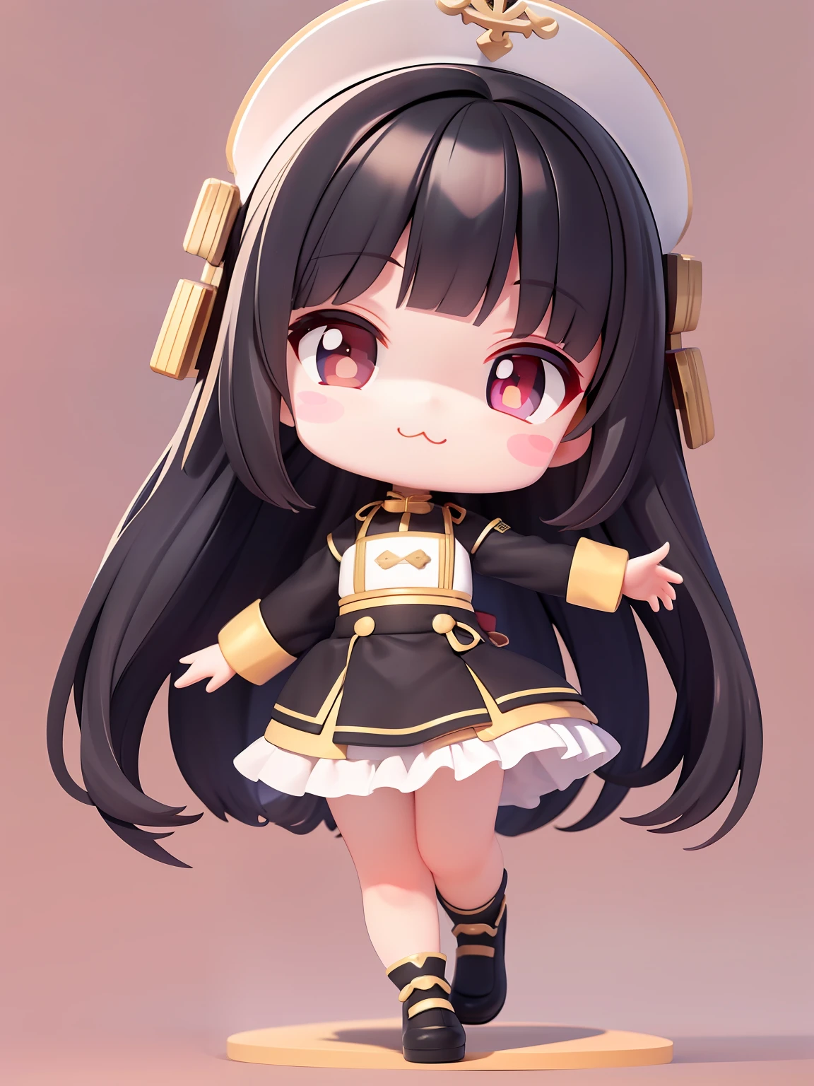 (masterpiece), (best quality), (super detailed), (full body: 1.2), 1 girl, chibi, cute, smile, colorless background, uniform, blush, : 3, long hair, blurry, black hair, blush stickers, bangs, (beautiful detailed face), (beautiful detailed eyes), full body,