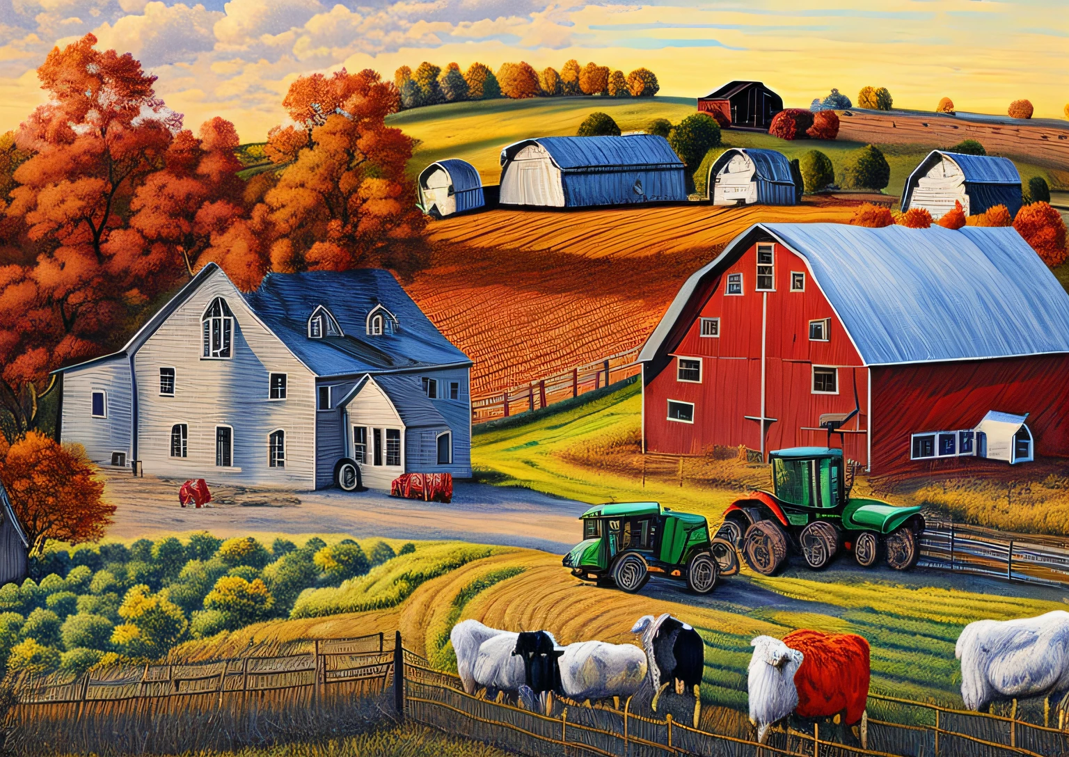 a painting of a farm with a tractor and farm animals, rural splendor, next to a red barn, on a farm, country landscape, farm background, countryside city scene, next to a farm house and a barn, autumn season, beautiful high resolution, midwest countryside, inspired by Terry Redlin, outside in a farm, farms, 256x256