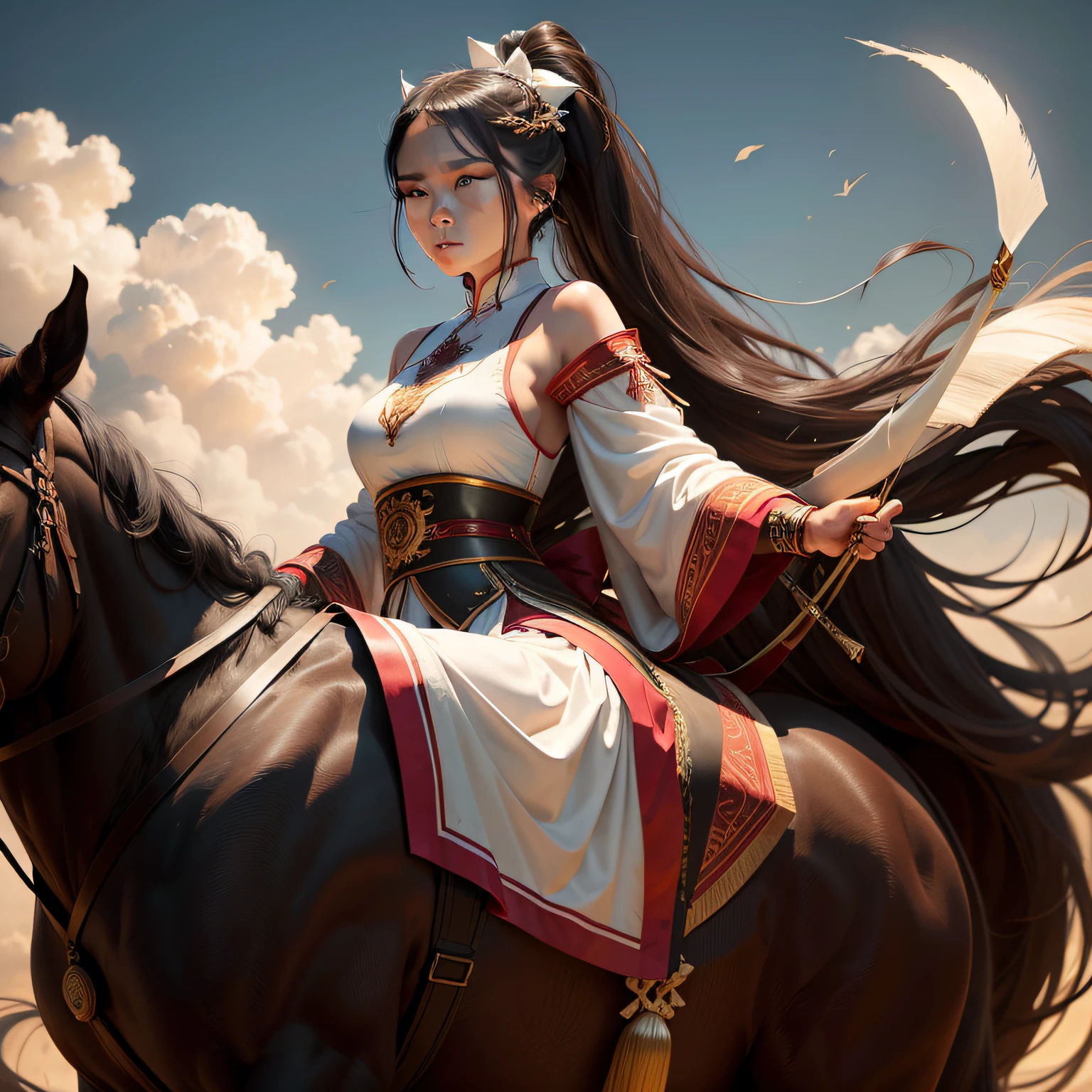 An ancient woman，ancient wear，long whitr hair，Slim figure，Bow and arrow in hand，High ponytail，Split cheongsam on the lower body，Half-exposed legs，Dark Department，stately，staredown，Ride on a horse condescendingly，high high quality，offcial art