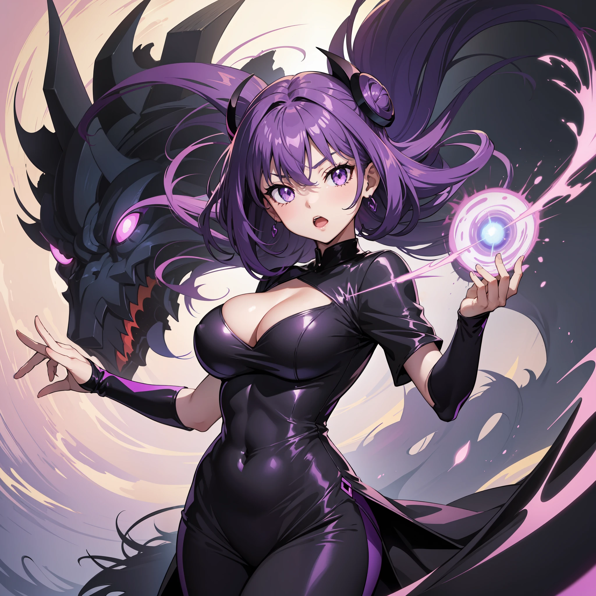 Anime girl, purple hair, black dress, moe art style, giant shadow demon in background, sexy, tight dress, cleavage, purple shadow energy exploding from hand, skinny, small waist