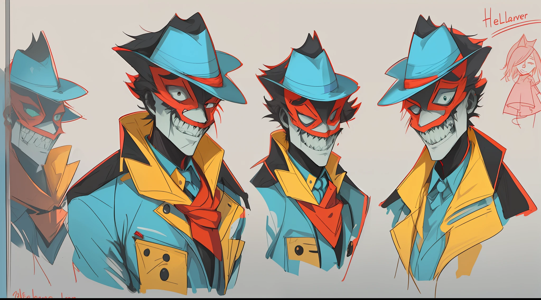 A guy who has no face, no eyes or nose, but has a mouth full of sharp teeth, he wears a blue overcoat, yellow fedora and a red scarf around his neck. Helluva boss Style, Hazbin hotel Style, his skin is flourescent blue. drawing references hazbin hotel style males hand drawing sketchs assigned Hellmitor