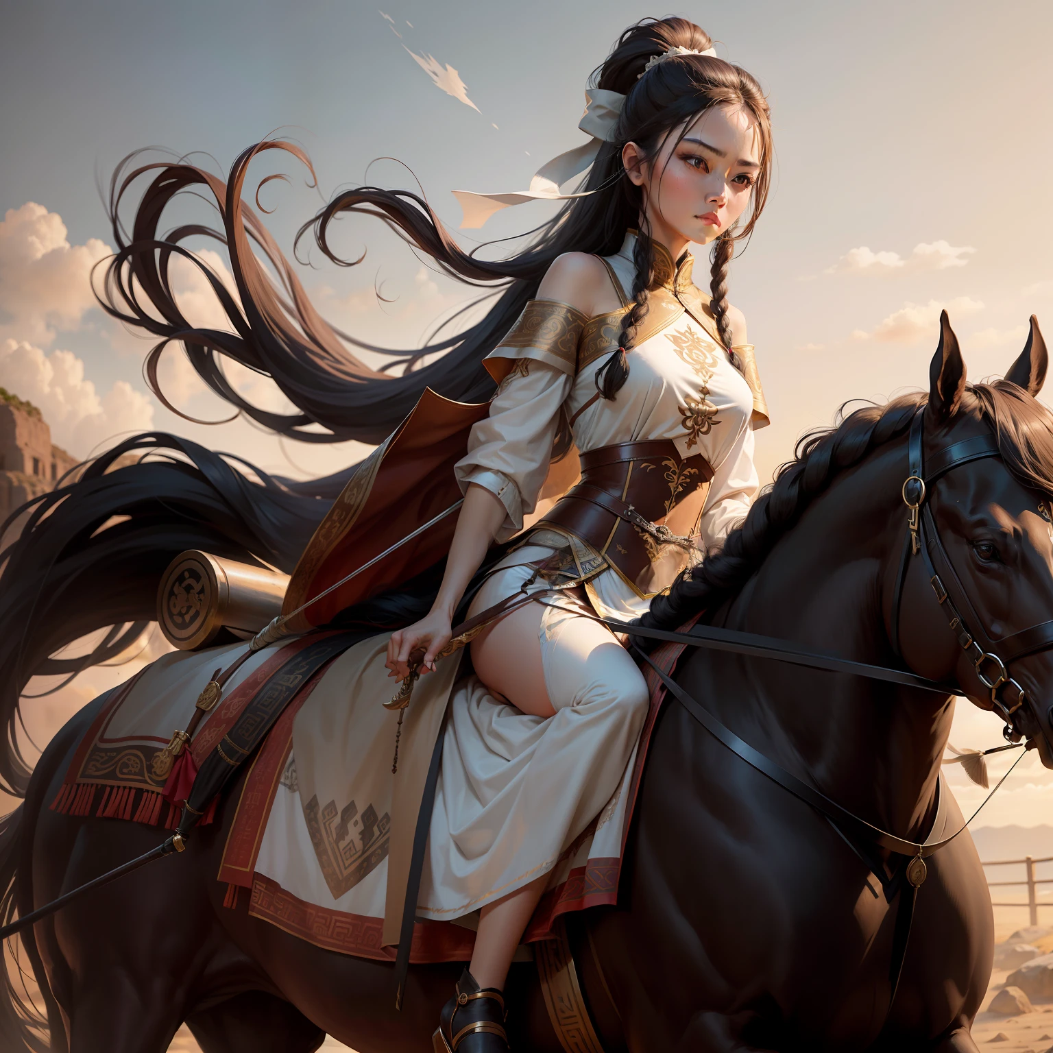An ancient woman，ancient wear，long whitr hair，Slim figure，Bow and arrow in hand，High ponytail，Split cheongsam on the lower body，Half-exposed legs，Dark Department，stately，staredown，Ride on a horse condescendingly，high high quality，offcial art