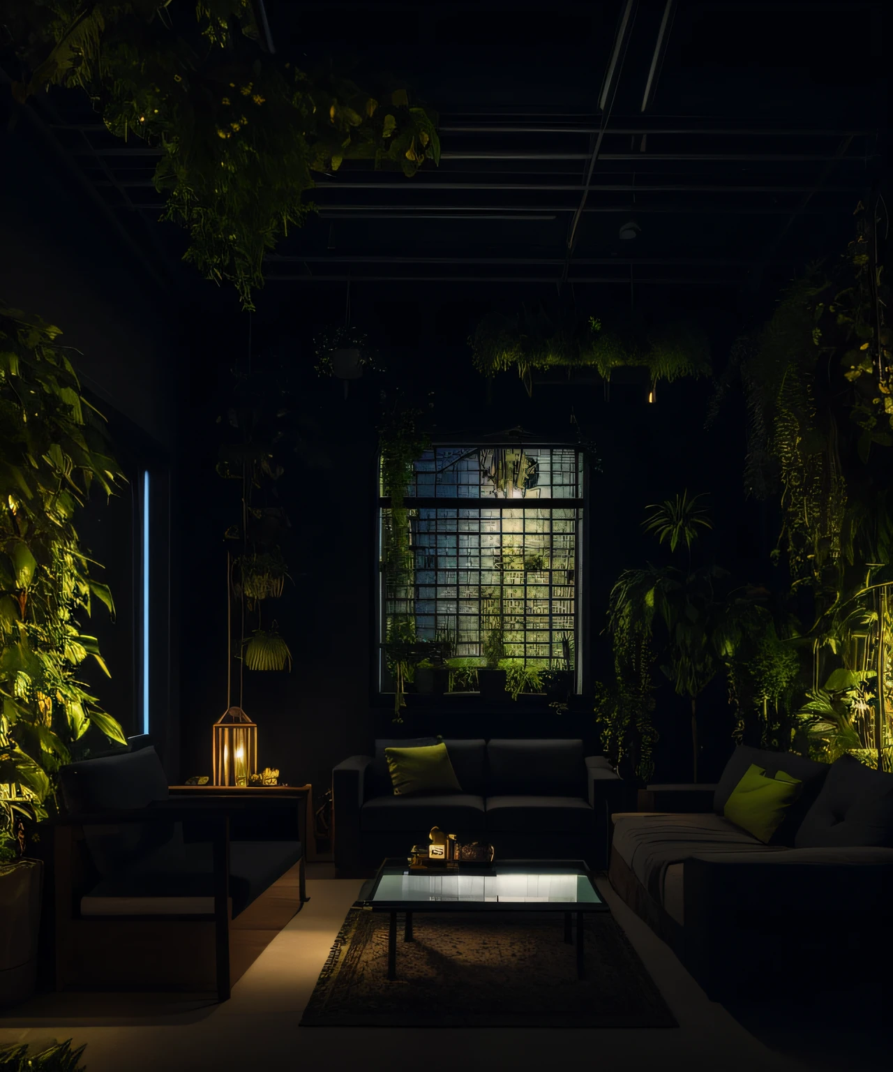 a photo of a solarpunk living room with lots of flowers and plants, dark theme, evening