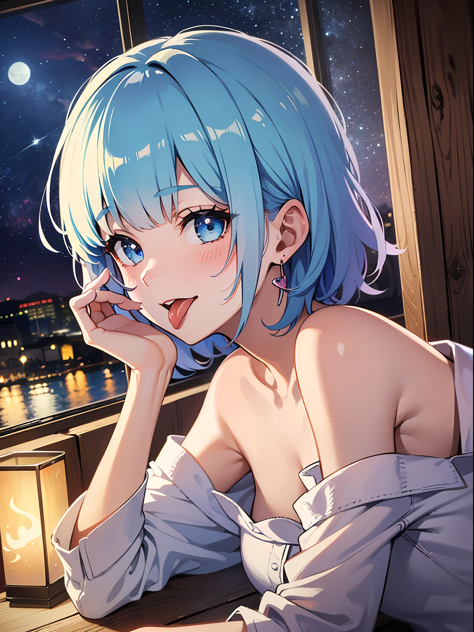 (masterpiece:1.3), (best quality:1.3), high resolution, 


couboy shot, 
leaning forward, body facing forward, 

(one cute girl:1.3), solo, 
white skin, small Breast, eight-headed person, 
light blue hair, (bobbed hair:1.2), (short hair:1.2), (blunt bangs:1.2), beautiful hair, blue eyes, beautiful detailed eyes, 

(tongue out:1.3), blush, heart, cheerful smile, 

bath towel, detached sleeves, earrings, 

indoors, (night:1.2), night sky, bath, 

shadowlighting,