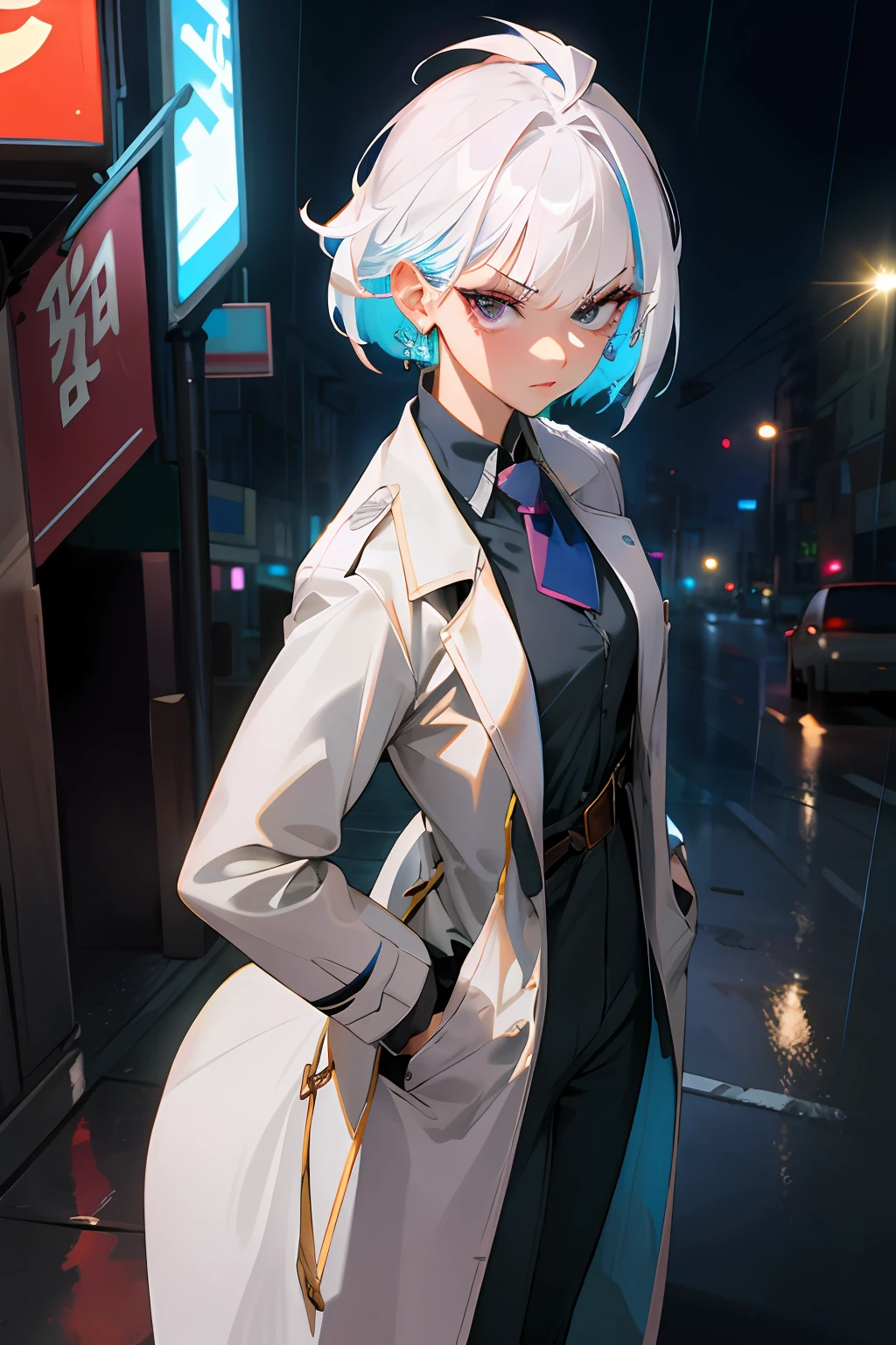 (masterpiece:1.2), (best quality:1.2), perfect eyes, perfect face, volumetric lighting, 1girl, from above, top angle, dramatic angle, mature female detective, muscular, hands in pockets, white hair, short hair, messy hair, pompadour cut, (long black trenchcoat), buttoned shirt, pants, belt, necktie, concentration, frowning, in the street, tall building, night, neon signs, rain, grey sky, dramatic lighting, lipstick, eyeshadow, thick eyelashes, earrings