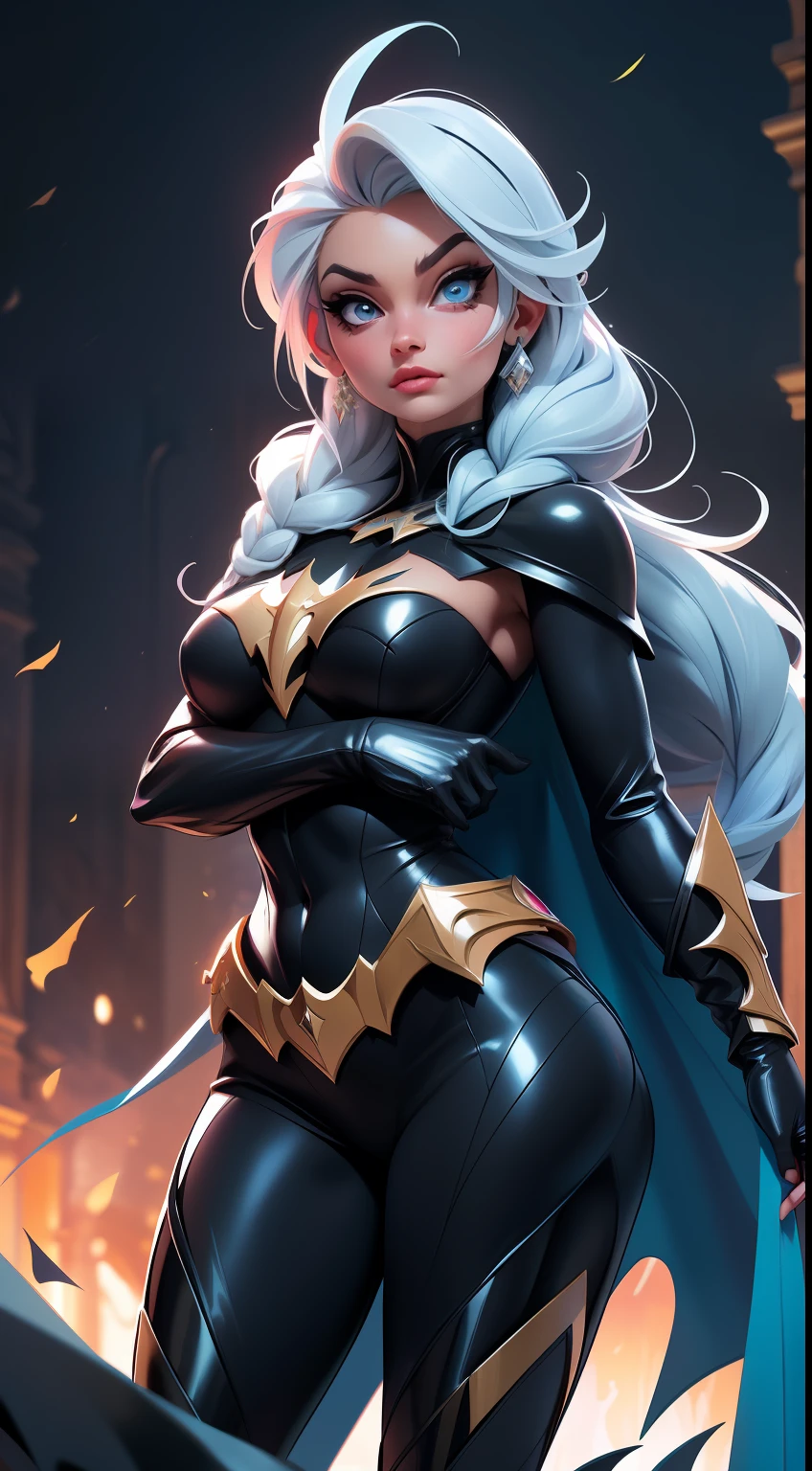 Elsa-Batman Fusion, Roupas do Batman, melting, 1girl, Beautiful, (master part:1.2), (melhor qualidade:1.2), ((pose de luta)), ((campo de batalha)), cinemactic, olhos perfeitos, pele perfeita, perfect lighting, sorrir, luz, cor, pele texturizada, detalhe, Beleza, maravilha, ultra-detalhado, rosto perfeito