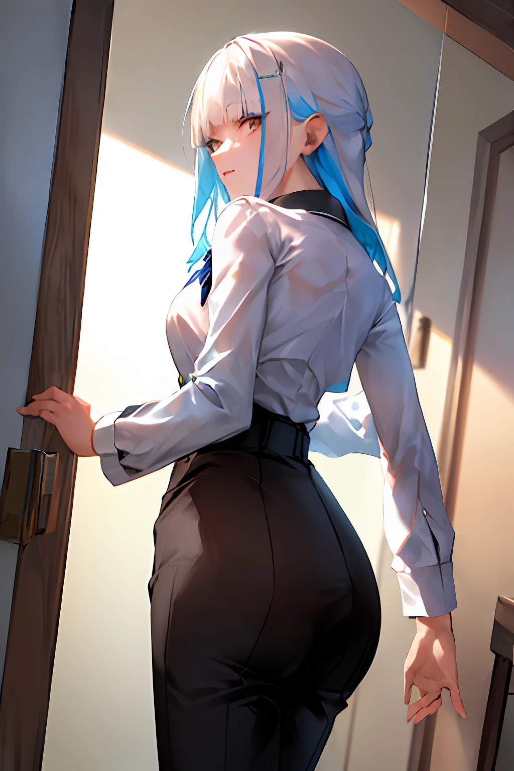 masterpiece, best quality, ultra-detailed, Potrait of beautiful lize_helesta , solo, shirt, long_sleeves, white_shirt, collared_shirt, pants, from_behind, arms_behind_back, black_pants, formal, suit, arm_behind_back, shirt_tucked_in, facing_away, office_lady, business_suit, high-waist_pants, volumetric lighting, best quality, masterpiece, intricate details, tonemapping, sharp focus, hyper detailed, trending on Artstation,