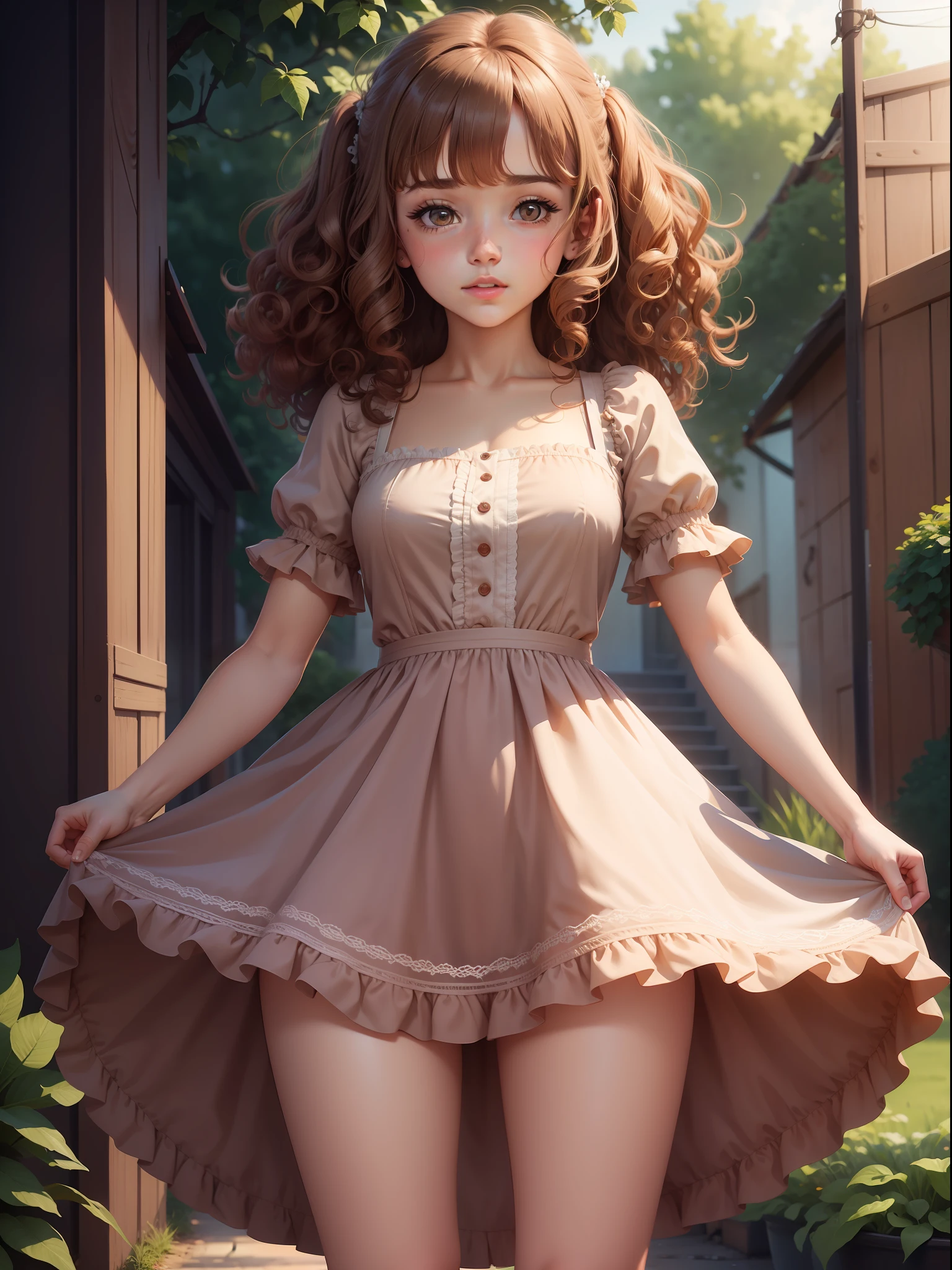 curly hair, cute, beautiful, short dress, short girl, illustrator, masterpiece, high quality, 8k, high resolution, high detailed