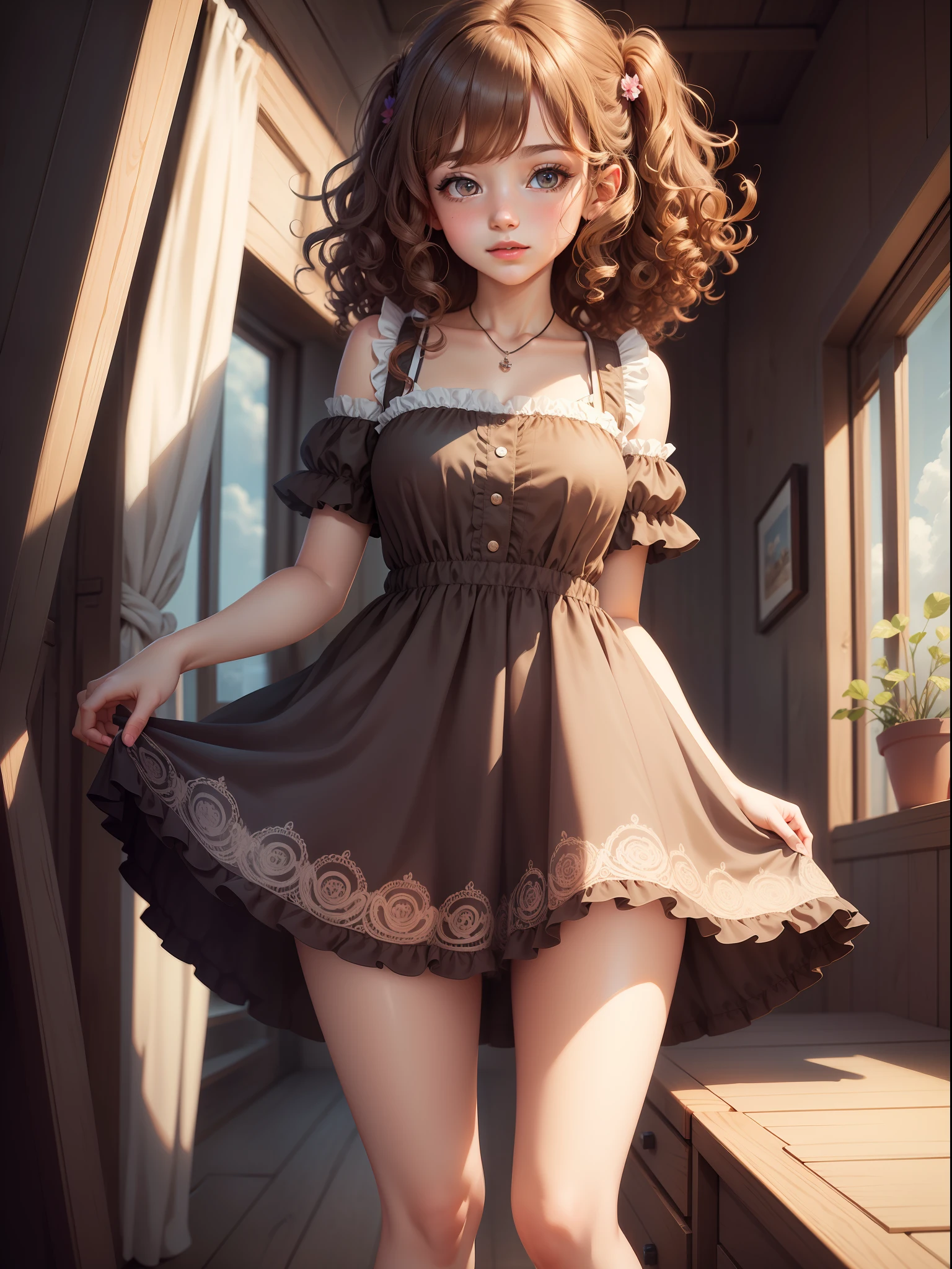 curly hair, cute, beautiful, short dress, short girl, illustrator, masterpiece, high quality, 8k, high resolution, high detailed