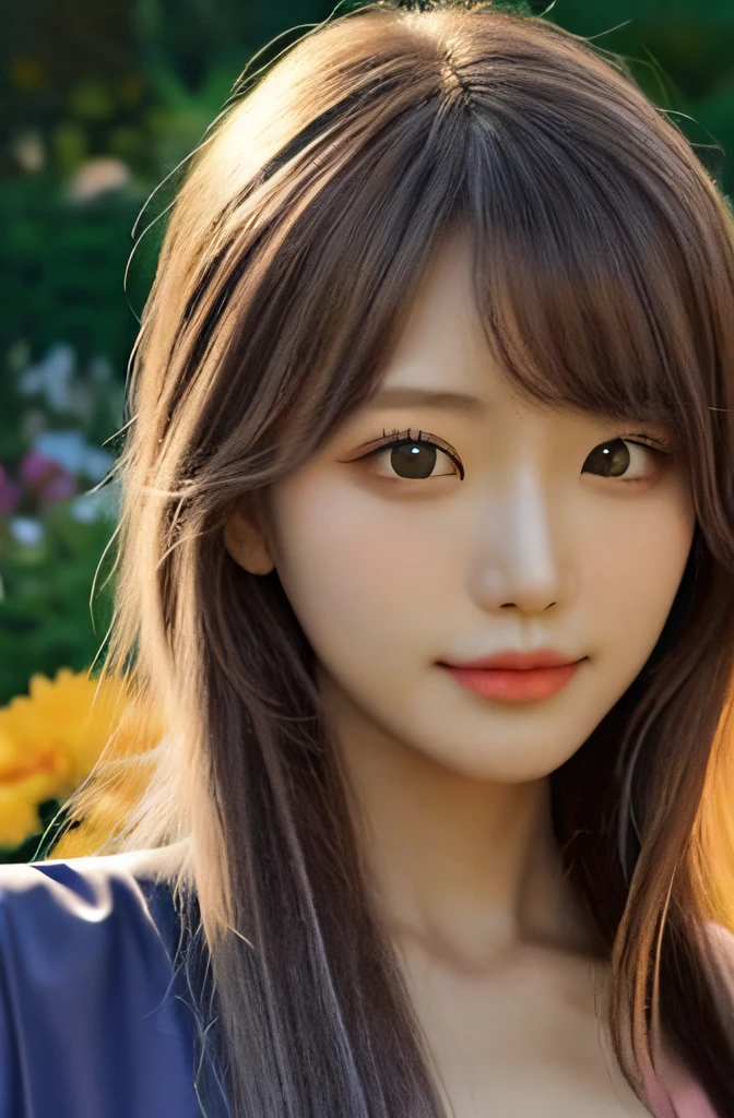 hippie girl, long colorful hair, radiant face, sparkling eyes, dd cups, background flower garden,