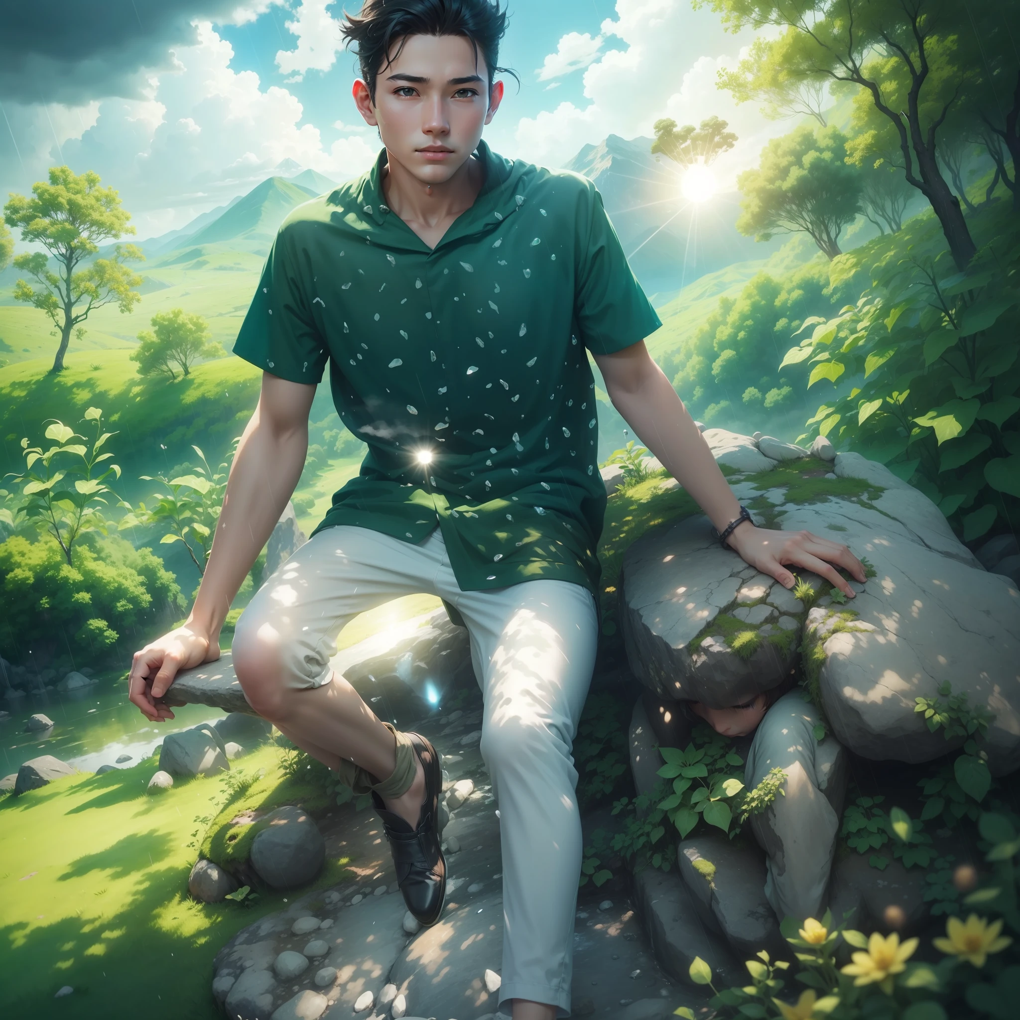 I am a boy sitting on a stone in the mountain and it is raining, there are flowers around me, there are clouds, there is a green mountain and the sun is visible, the sun is also covered with clouds, the mountain is green ultra high quality picture generate realistic image generate