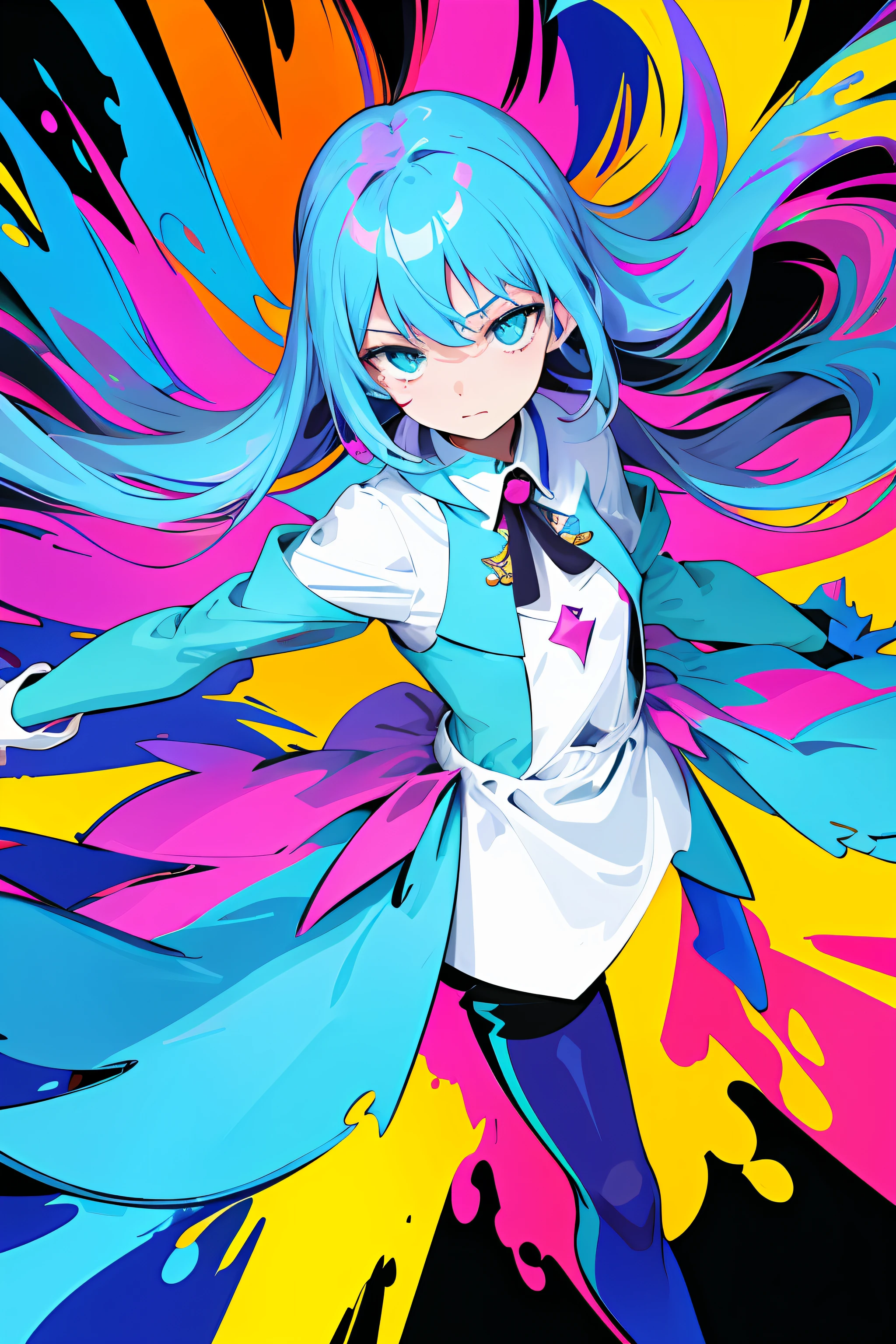 (Flat color:1.1),(Colorful:1.3),(Masterpiece:1.2), Best quality, Masterpiece, Original, extremelydetailedwallpaper, view the viewer,1girll,Solo,floating colorful water