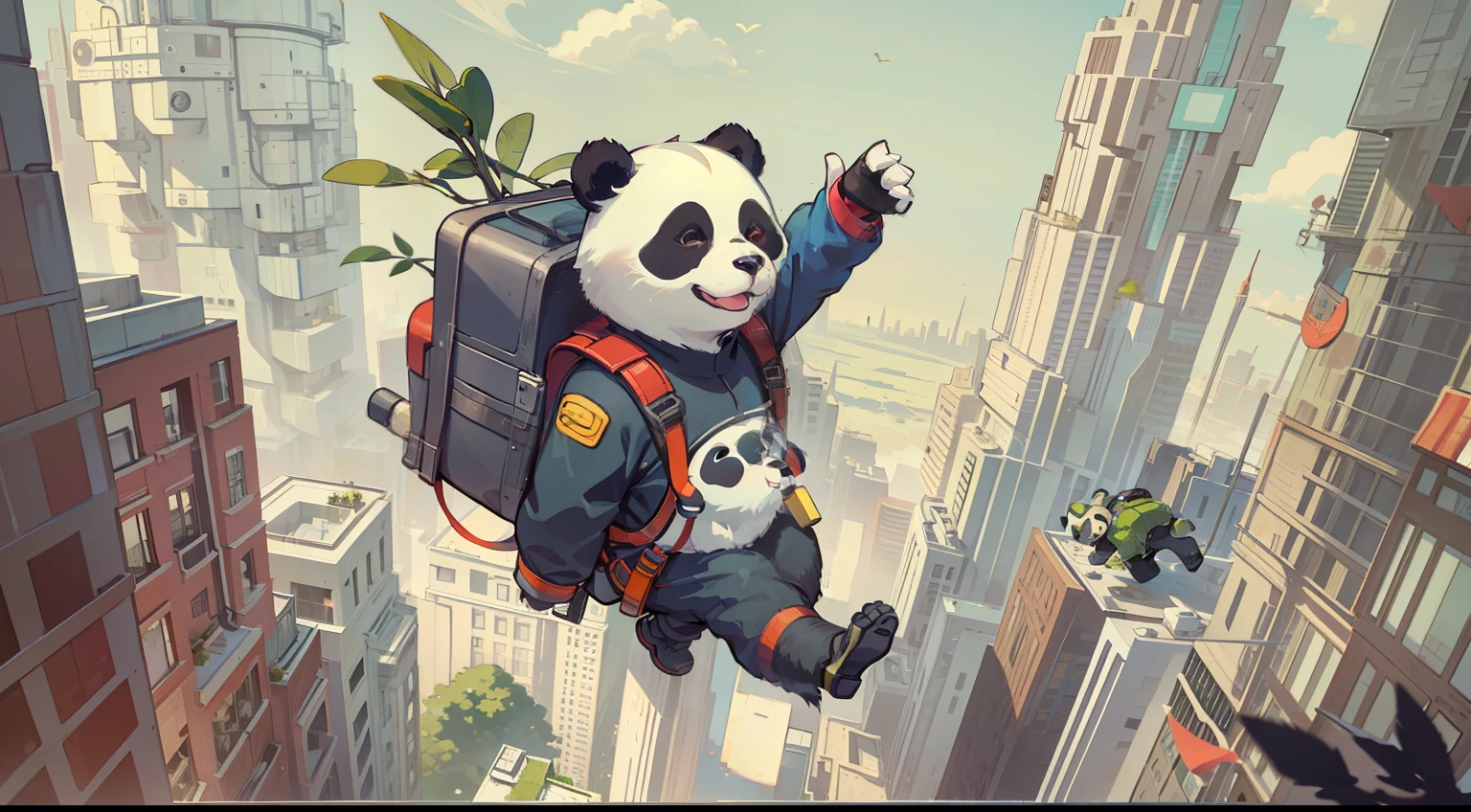 Cute panda man carrying a jetpack flying over the city,lichen,wide angles