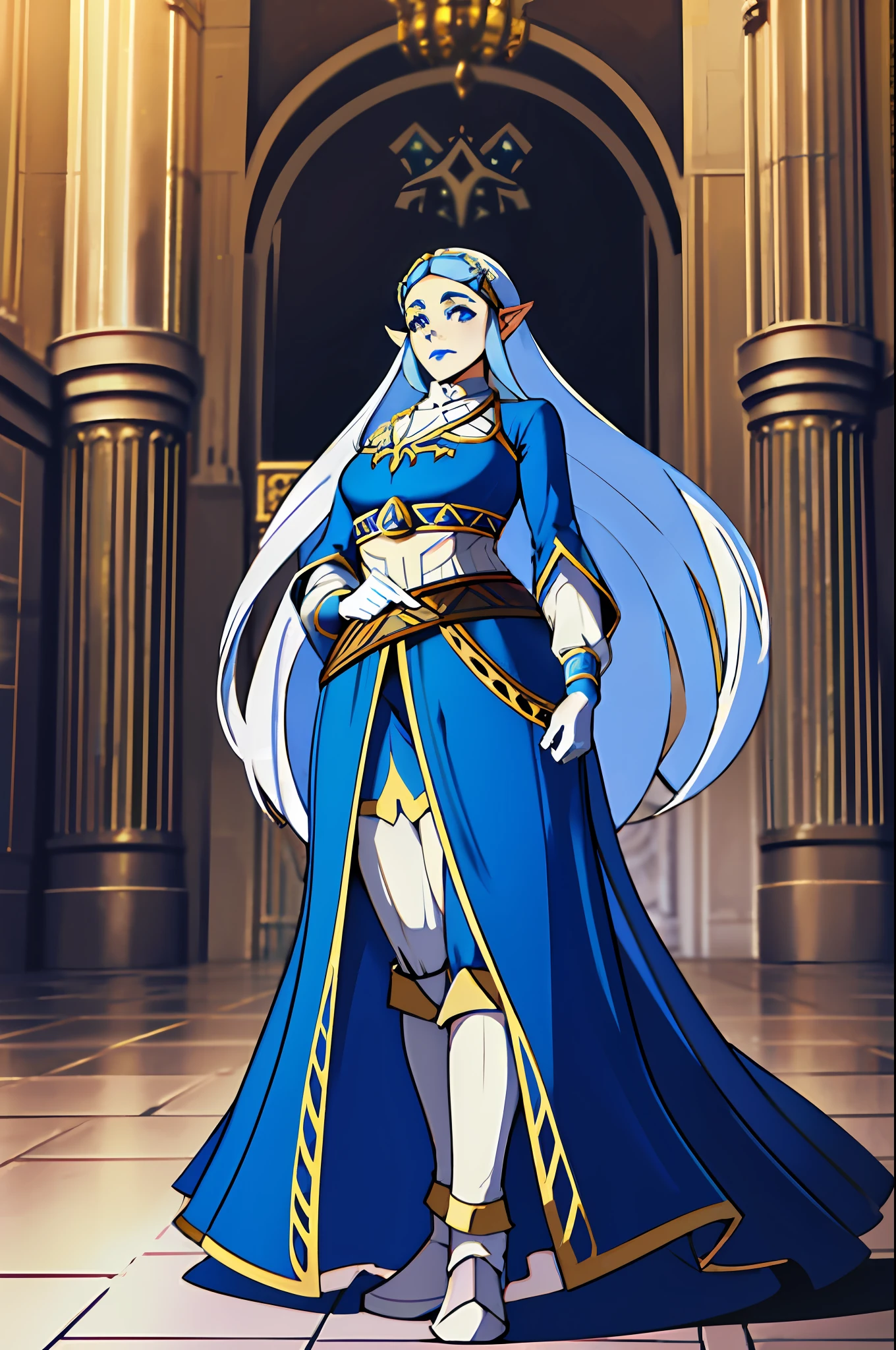 Queen in a royal blue dress standing in a Castle Hall, queen zelda, breath of the wild art style, queen zelda, botw style, zelda with triforce, wearing crown, heavy blue lipstick, Queen Dress, Tapered Dress with corset, Banquet Dress, Queen fancy Makeup, large fancy wide-cuff gloves, wide-cuff white gloves with gold trim, queen crown, wide queen crown, small chest, standing at eye-level, large white-cuff Gloves, wearing a large Silver crown on head, silver crown, silver crown on head, long golden hair