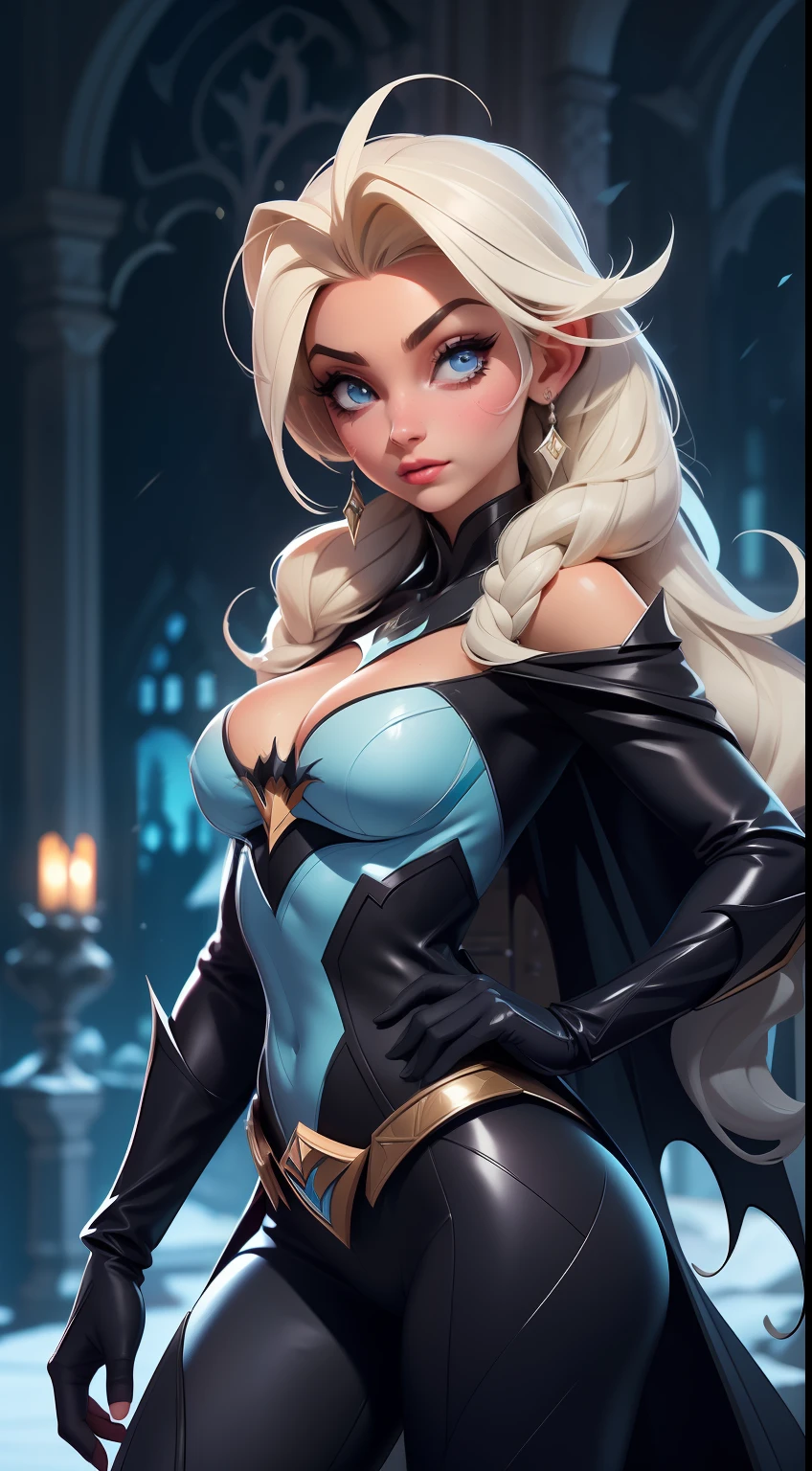 Elsa-Batman Fusion, Roupas do Batman, melting, 1girl, Beautiful, (master part:1.2), (melhor qualidade:1.2), ((pose de luta)), ((campo de batalha)), cinemactic, olhos perfeitos, pele perfeita, perfect  lighting, sorrir, luz, cor, pele texturizada, detalhe, Beleza, maravilha, ultra-detalhado, rosto perfeito