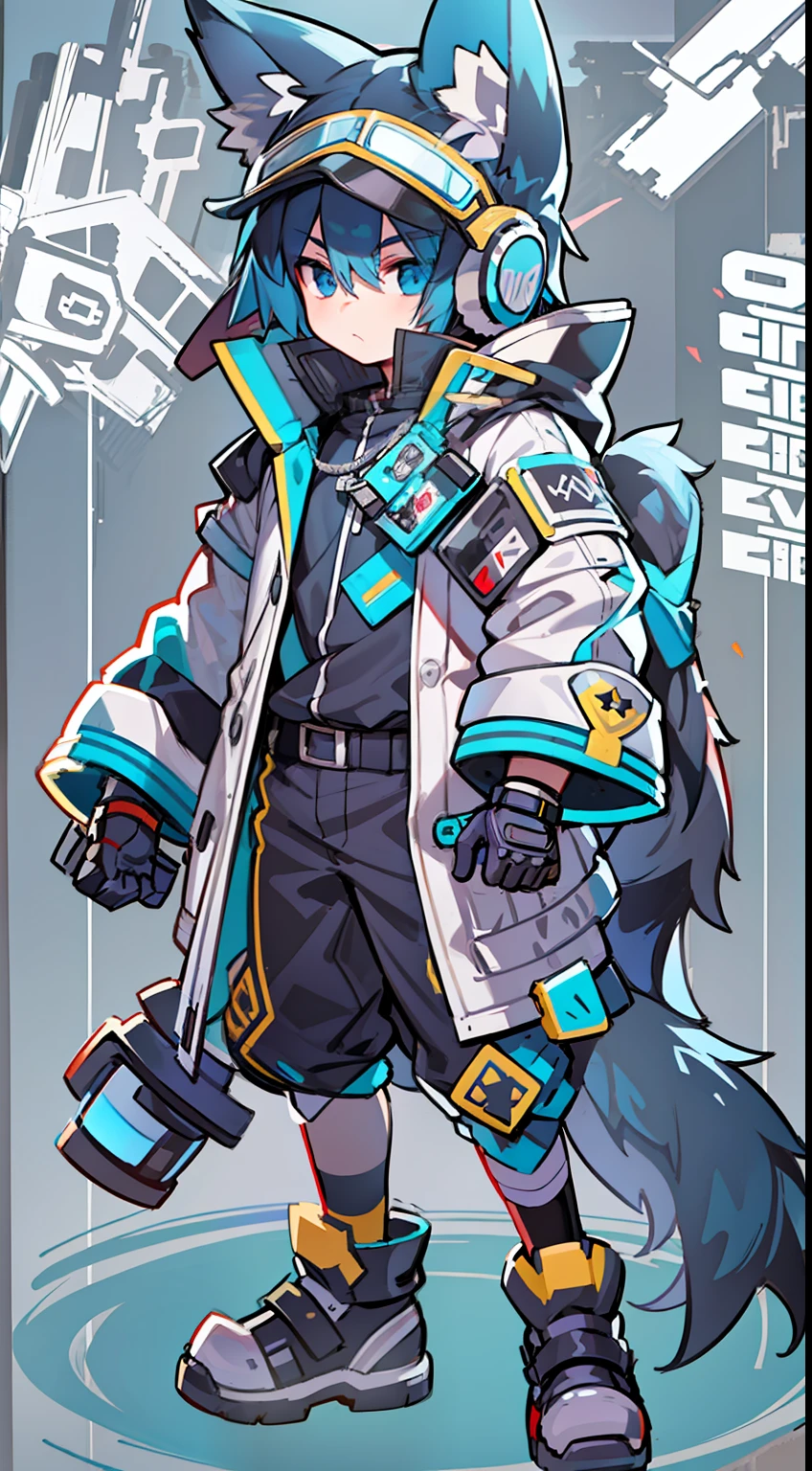 Game CG,8K quality,((younge boy)),juvenile sense,Anime male protagonist,Wolf ears,Wolf tail,agony,goggles,Tech earmuffs,Black and blue all-in-one mech set,White armored gloves,Racing boots,Fight,ventania,Light effects,Full body like,injury,Battle damage,Defeat,dying,Single
