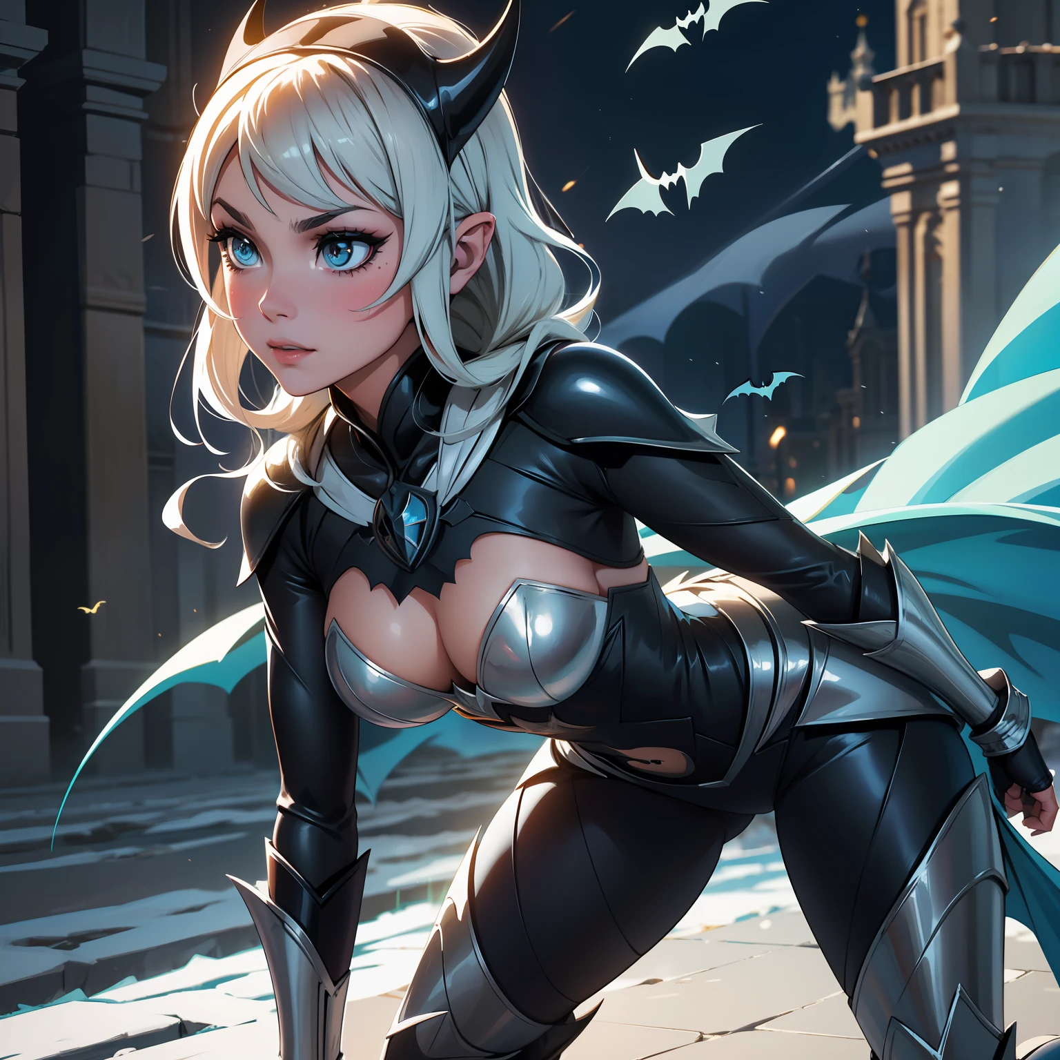 Elsa-Batman Fusion, Roupas e armadura do Batman, melting, 1girl, Beautiful, (master part:1.2), (melhor qualidade:1.2), ((pose de luta)), ((campo de batalha)), cinemactic, olhos perfeitos, pele perfeita, perfect lighting, sorrir, luz, cor, pele texturizada, detalhe, Beleza, maravilha, ultra-detalhado, rosto perfeito