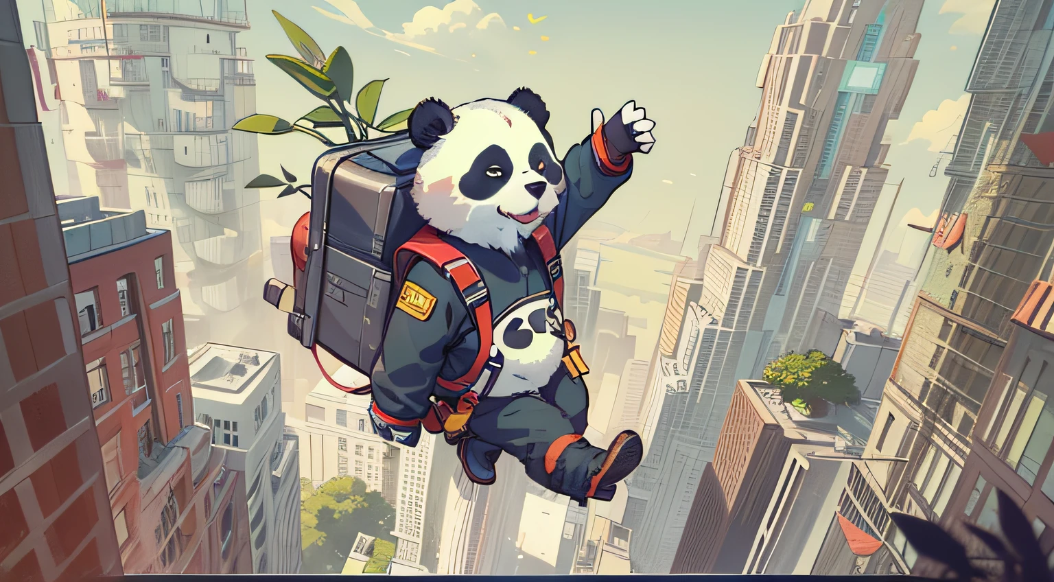Cute panda man carrying a jetpack flying over the city，lichen，wide angles