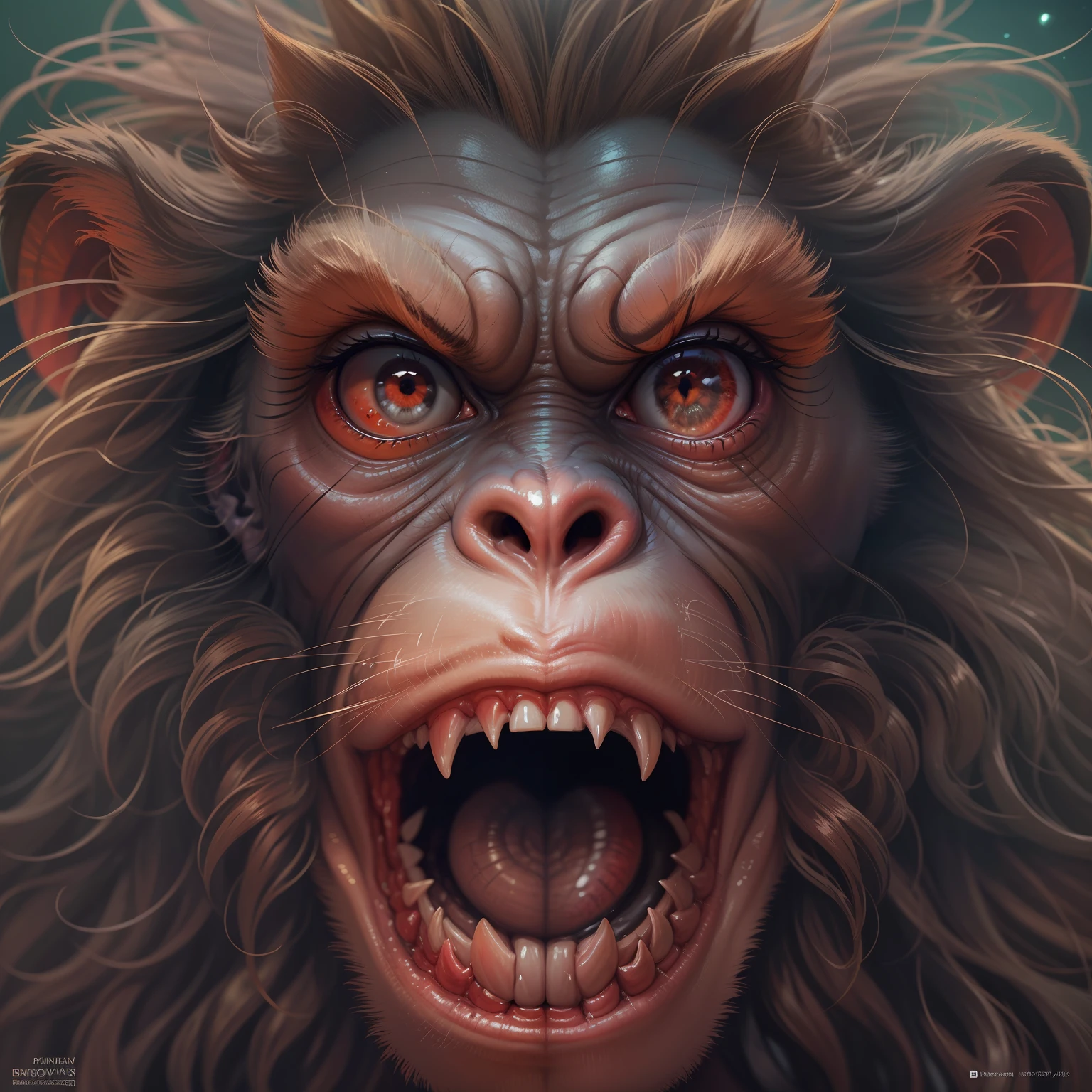 The monkey image with its head and teeth, in the style of liam sharp,Open-mouthed,Very many long hairs, Close-up expression of anger,mysterious backdrops, 32k uhd, rtx on, light emerald and red, hyperrealistic , mesmerizing optical illusions