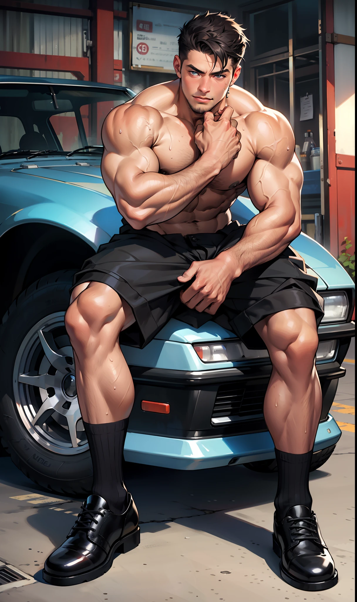 masterpiece, best quality, face, natural eyes, 1man, young man, boy, muscled and mature, mechanic, sweating, tight cloth, naked, full body,recline on the ground, black socks, leather shoes