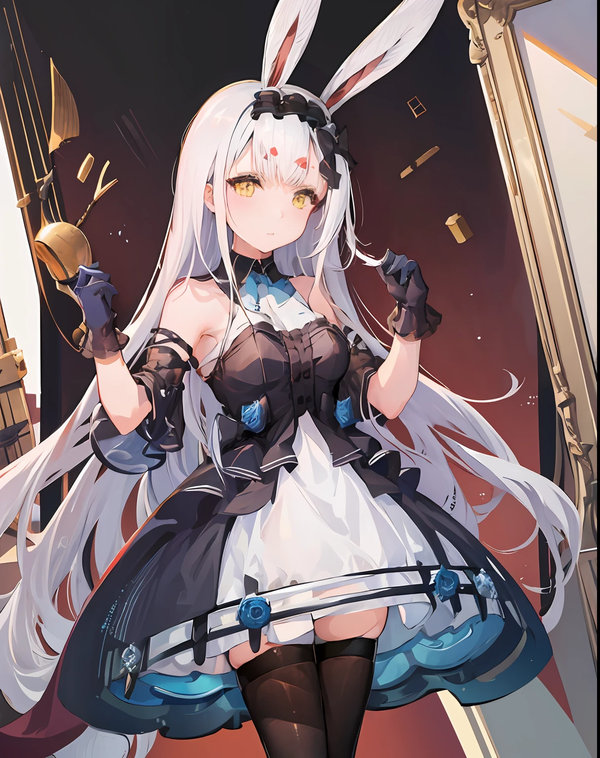 1girl, shimakazealice, azur lane, alice, yellow eyes, white hair, very long hair, rabbit ears, sleeveless dress, black gloves, black legwear