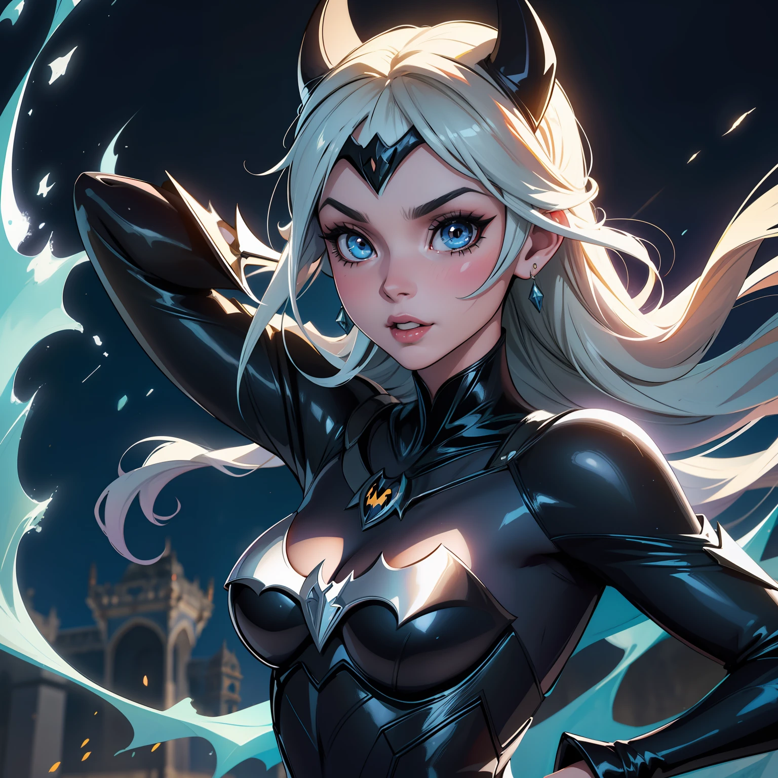 Elsa-Batman Fusion, Roupas do Batman, melting, 1girl, Beautiful, (master part:1.2), (melhor qualidade:1.2), ((pose de luta)), ((campo de batalha)), cinemactic, olhos perfeitos, pele perfeita, perfect lighting, sorrir, luz, cor, pele texturizada, detalhe, Beleza, maravilha, ultra-detalhado, rosto perfeito