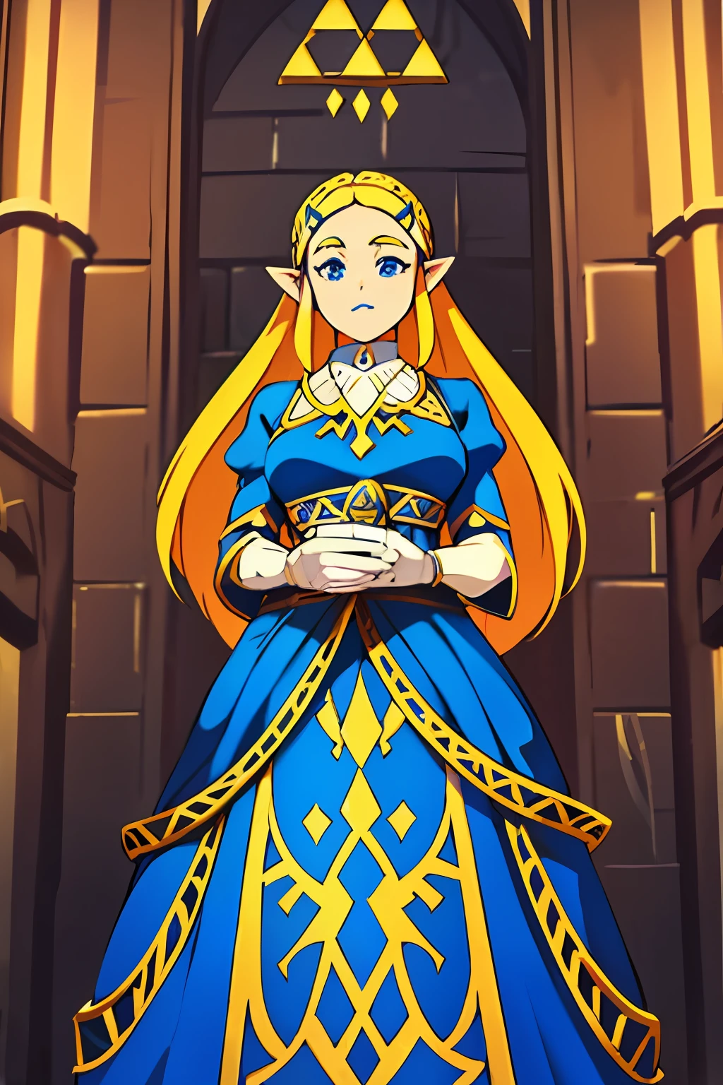 Queen in a royal blue dress standing in a Castle Hall, queen zelda, breath of the wild art style, queen zelda, botw style, zelda with triforce, wearing crown, heavy blue lipstick, Queen Dress, Tapered Dress with corset, Banquet Dress, Queen fancy Makeup, large fancy wide-cuff gloves, wide-cuff white gloves with gold trim, queen crown, wide queen crown, small chest, standing at eye-level, large white-cuff Gloves, wearing a large Silver crown on head