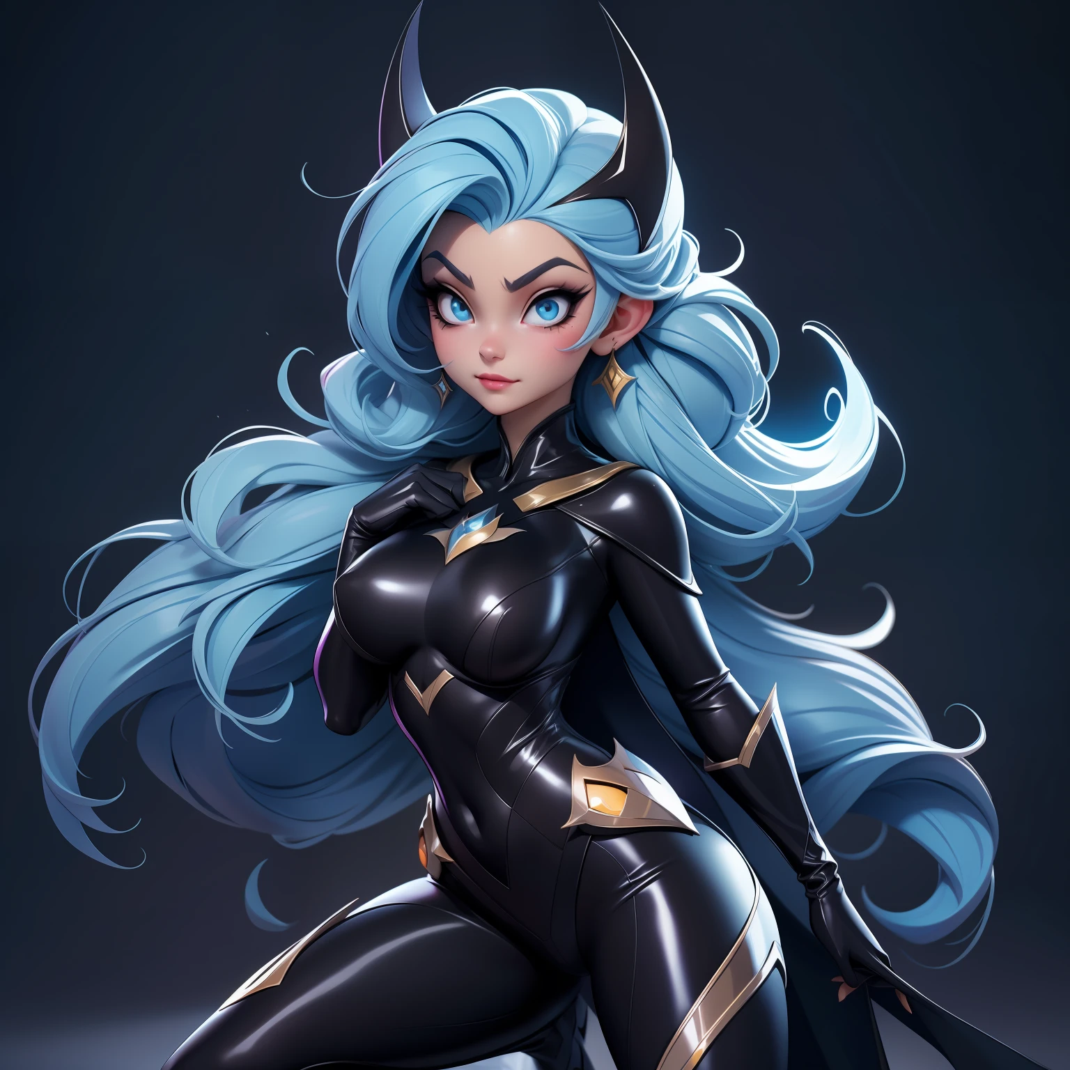 Elsa-Batman Fusion, Roupas do Batman, melting, 1girl, Bodysuit de latex preto, Beautiful, (master part:1.2), (melhor qualidade:1.2), ((pose de luta)), ((campo de batalha)), cinemactic, olhos perfeitos, pele perfeita, perfect  lighting, sorrir, luz, cor, pele texturizada, detalhe, Beleza, maravilha, ultra-detalhado, rosto perfeito