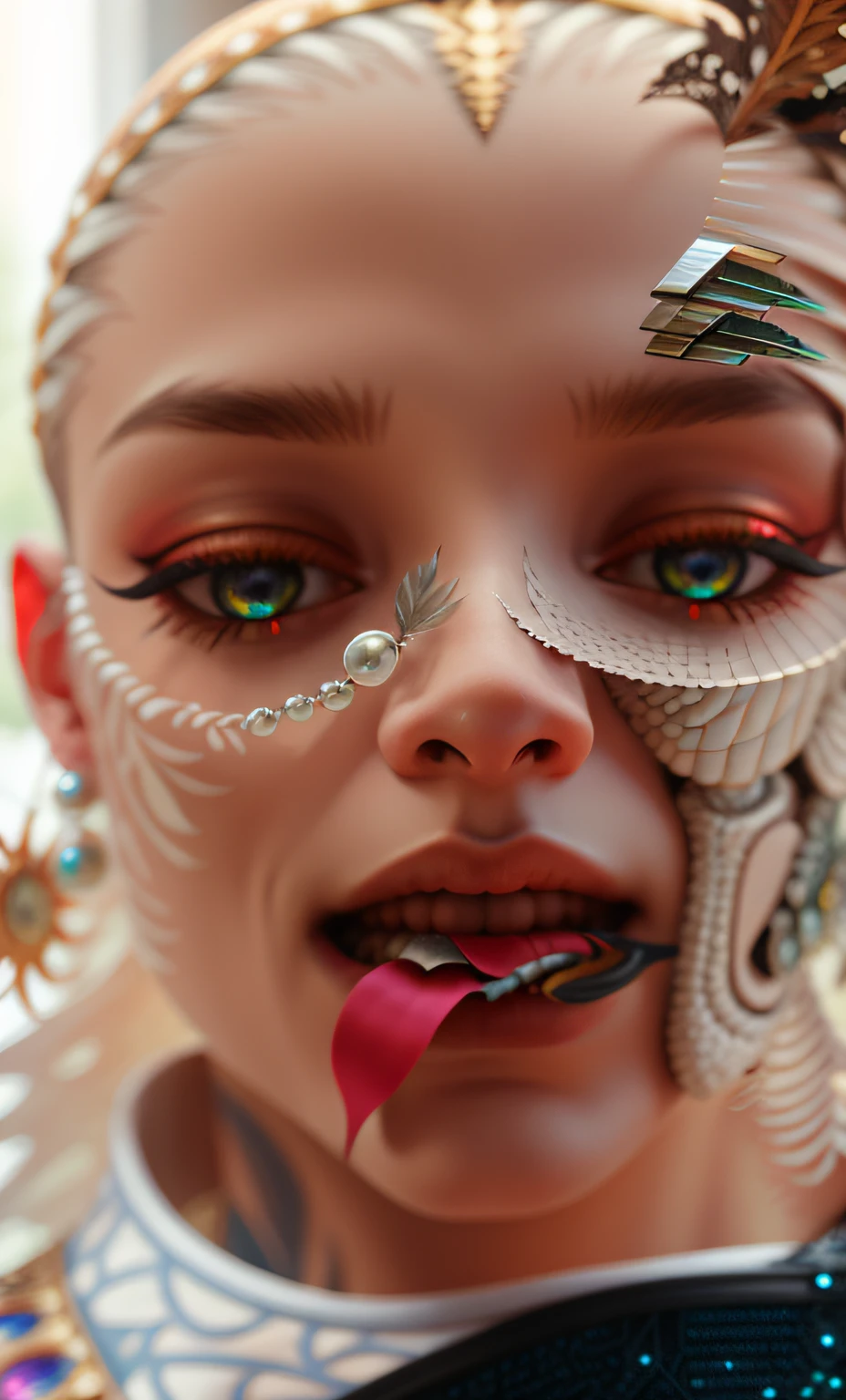 complex 3d render ultra detailed beautiful death angel, biomechanical cyborg, analog 150 mm lens, beautiful natural soft rim light, crystal feathers, roots, fine foliage lace, colorful details, Boris Bidjan Saberi outfit, pearl earrings, piercing, art nouveau fashion embroidered, intricate details, mesh wire, mandelbrot fractal, facial muscles, cable wires, microchip, badass, hyper realistic, ultra detailed, octane render, volumetric lighting, 8k post-production, red and white with a bit of black, detailled metalic bones, semi human, iridescent colors, Glenn Brown style, futuristic room, power of the god, high-angle shot, complex body poses